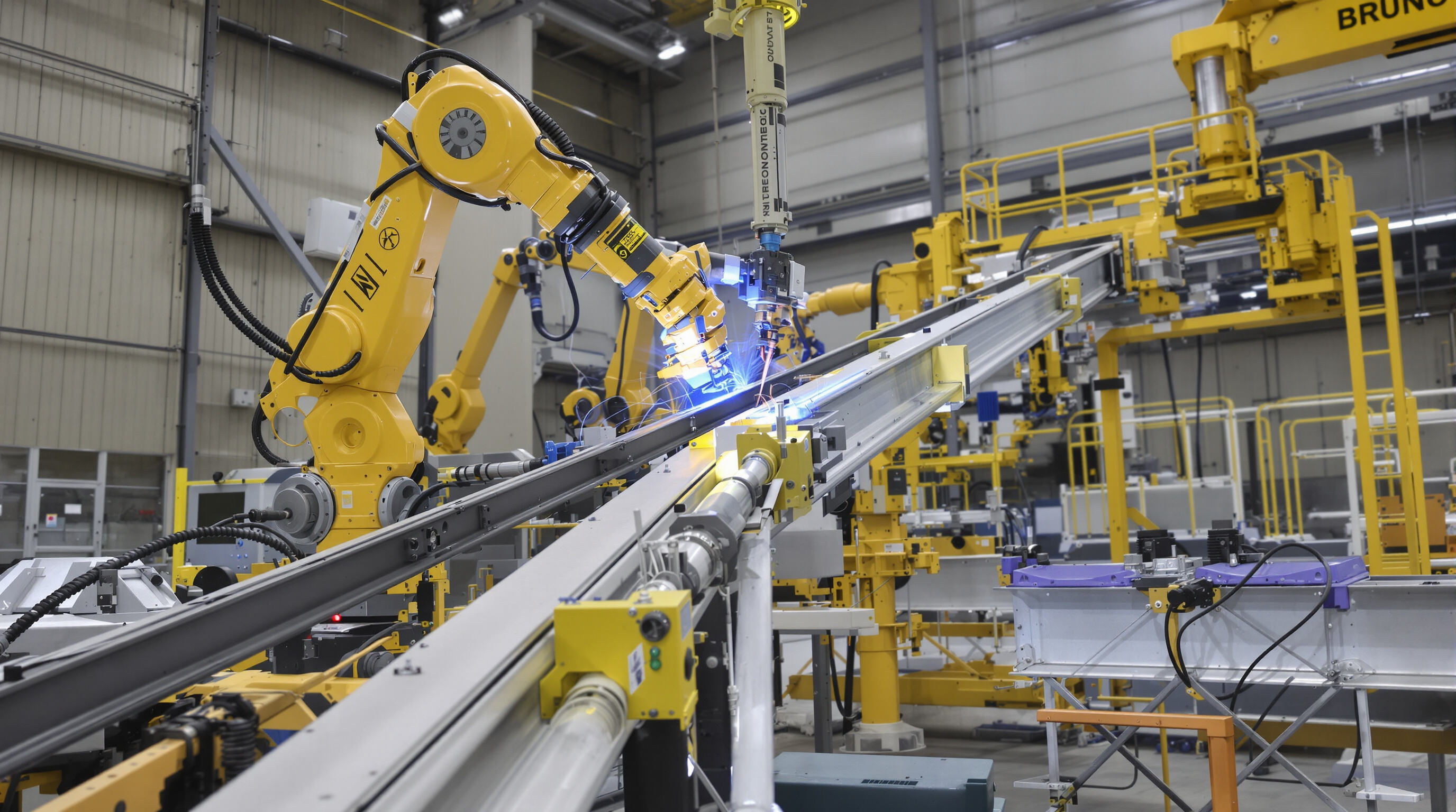 Robotic welding and CNC machines fabricating a crane beam with precise, seamless welds in a modern shop