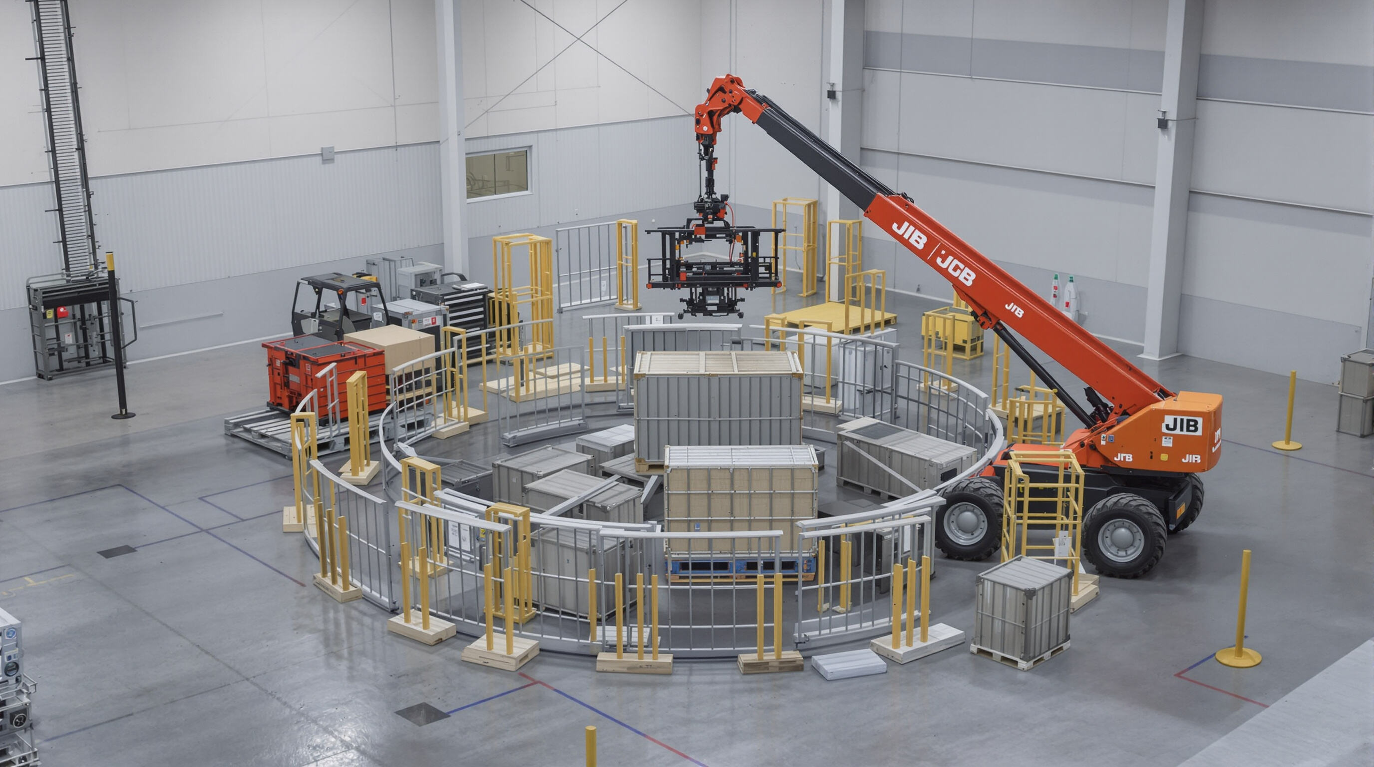 JIB crane rotating a load around obstacles in an industrial workspace, highlighting wide area coverage