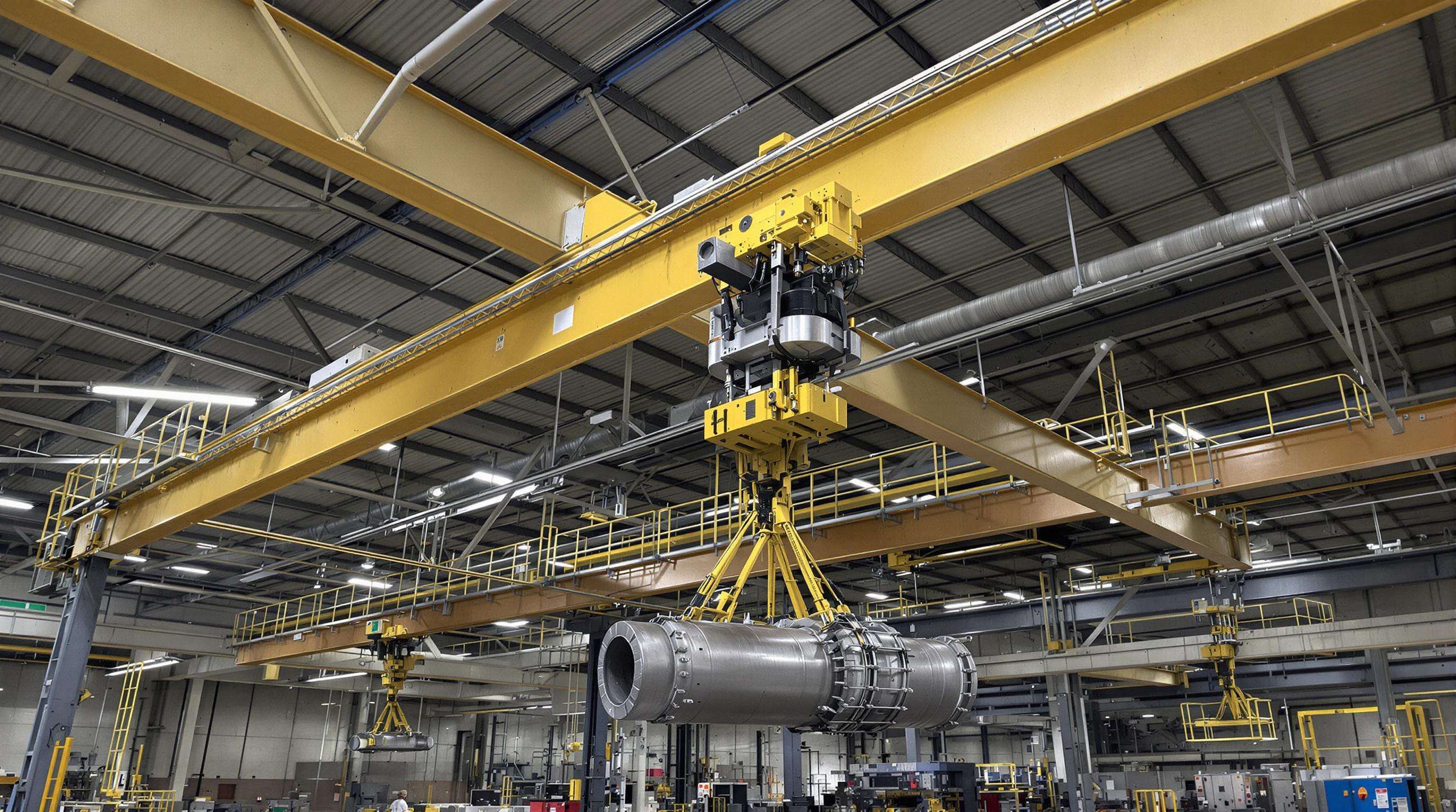 Industrial bridge crane lifting heavy load over machinery in a manufacturing plant