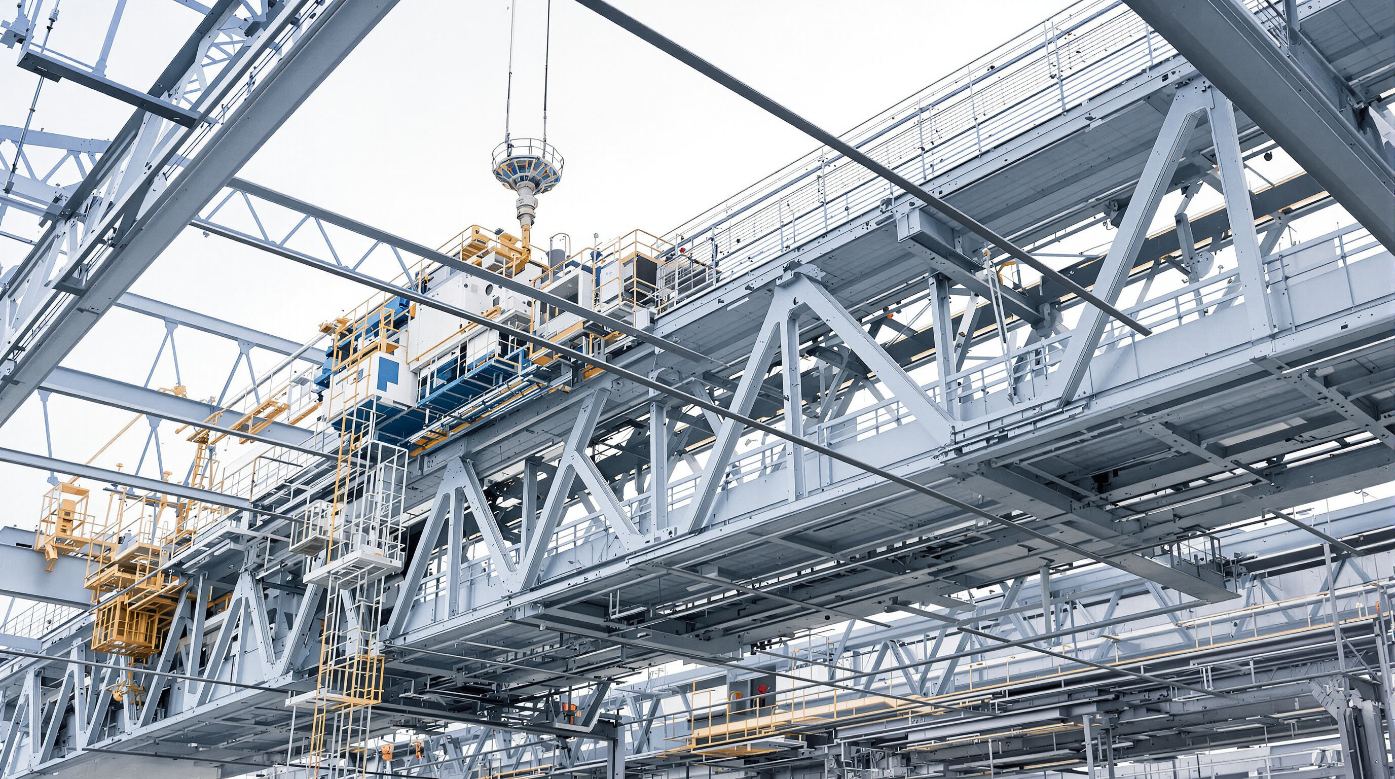 Close-up of a bridge crane highlighting steel girders and advanced composite coatings in an industrial factory