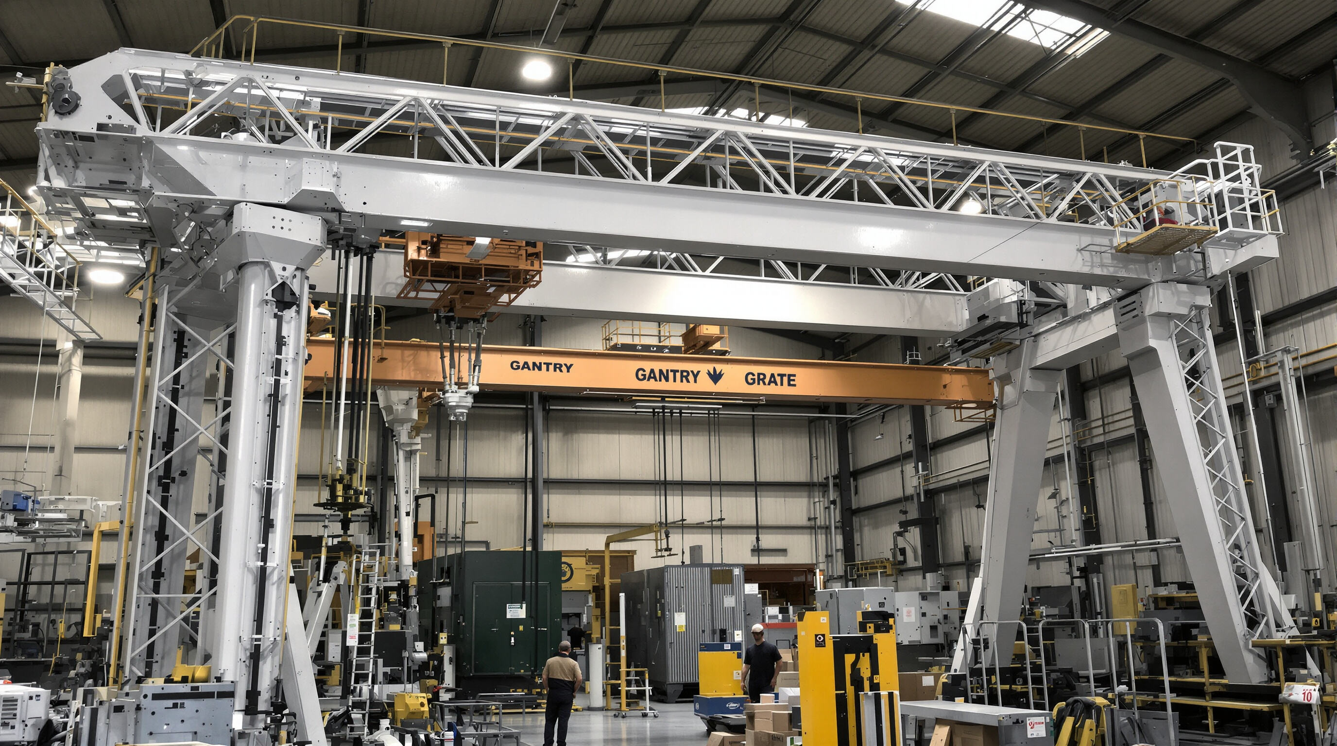 Workers adjusting a modern aluminum gantry crane in an industrial workshop with telescopic legs and modular parts.