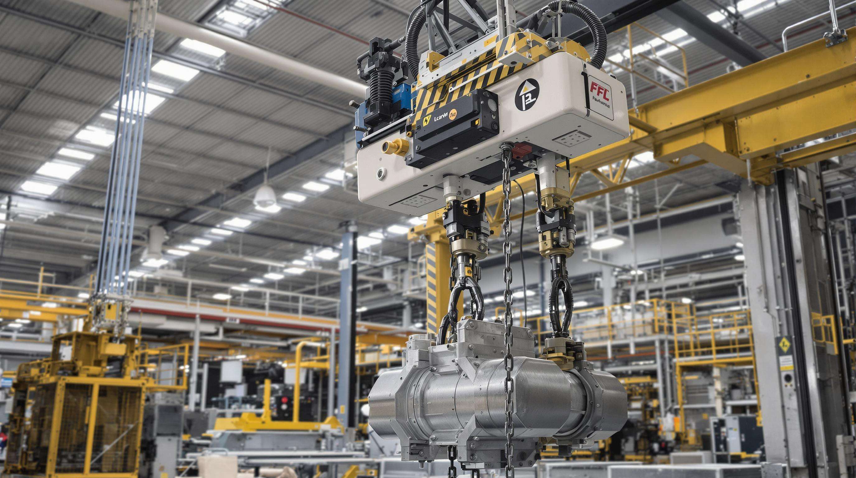 Modern electric chain hoist in a factory lifting heavy load, with visible safety features