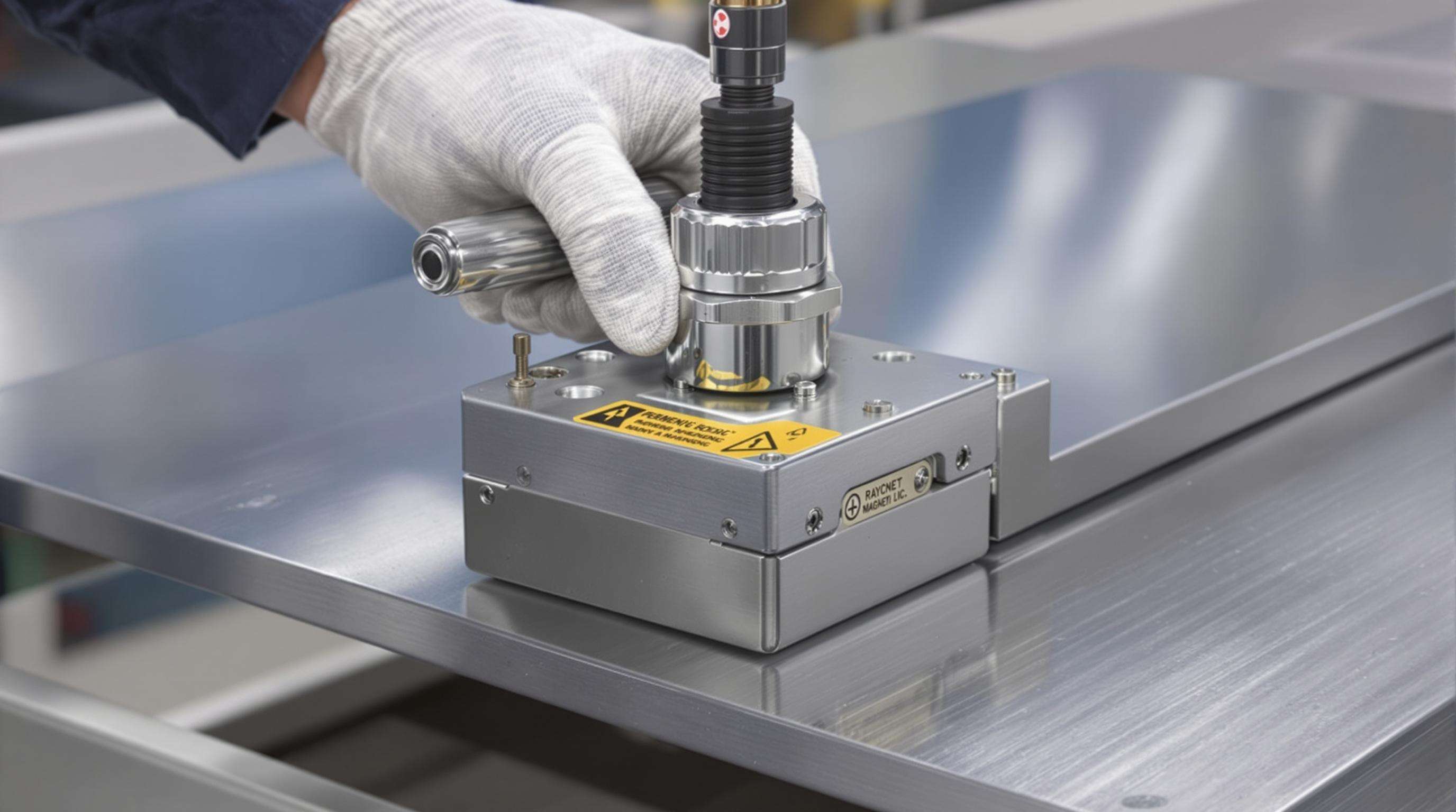 Close-up photo of a gloved hand engaging the lever and safety lock on a permanent magnetic lifter.