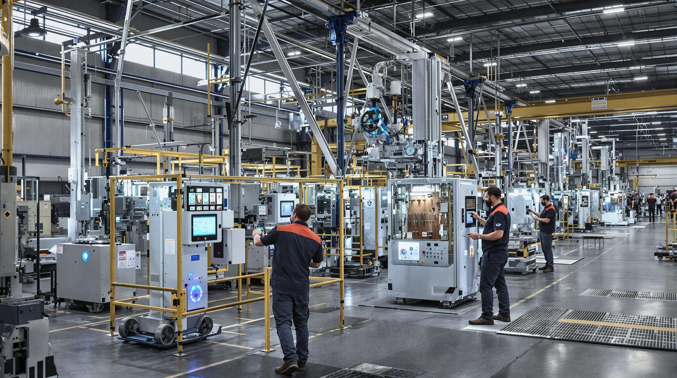 Workers operate smart electric lifting equipment with digital controls and sensors in a factory