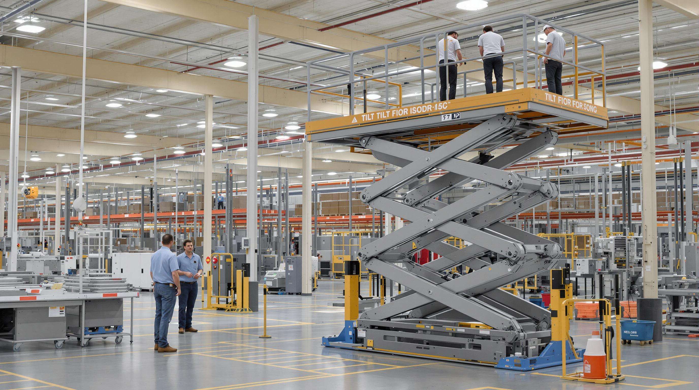 Fully extended scissor lift undergoing stability testing in a busy manufacturing plant