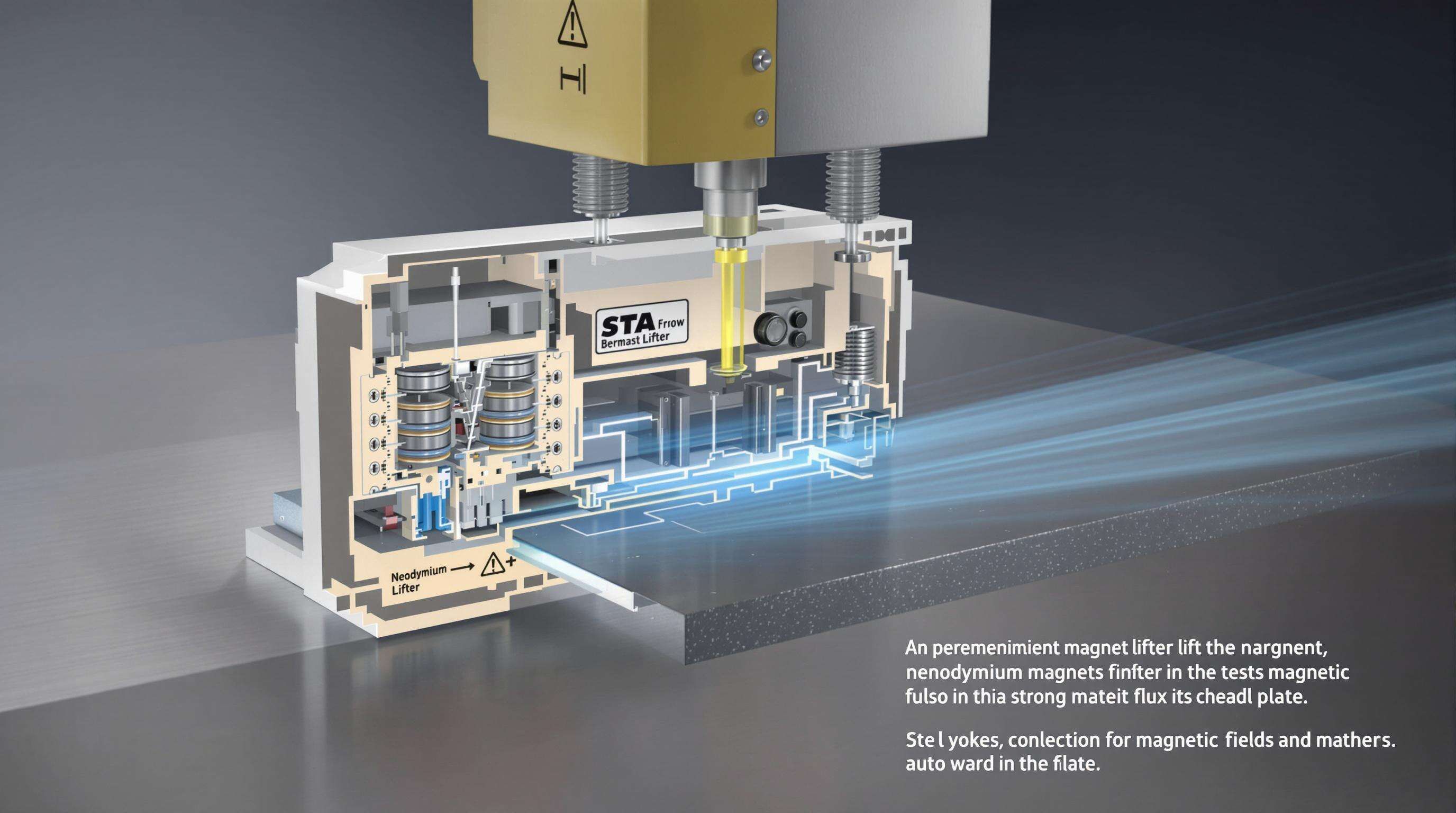 Cutaway photo of a permanent magnetic lifter with visible magnets focusing a magnetic field into a steel plate.