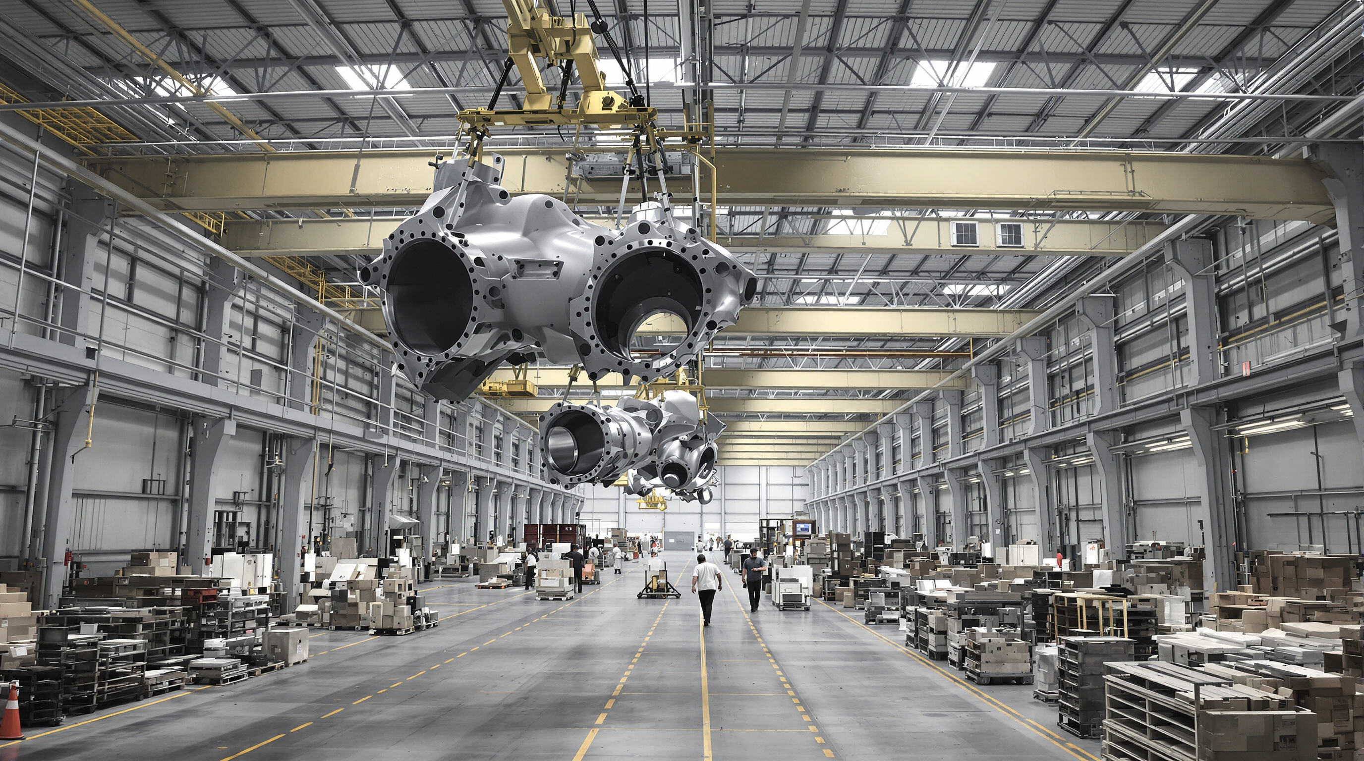 Overhead cranes carrying materials above a spacious and organized factory floor