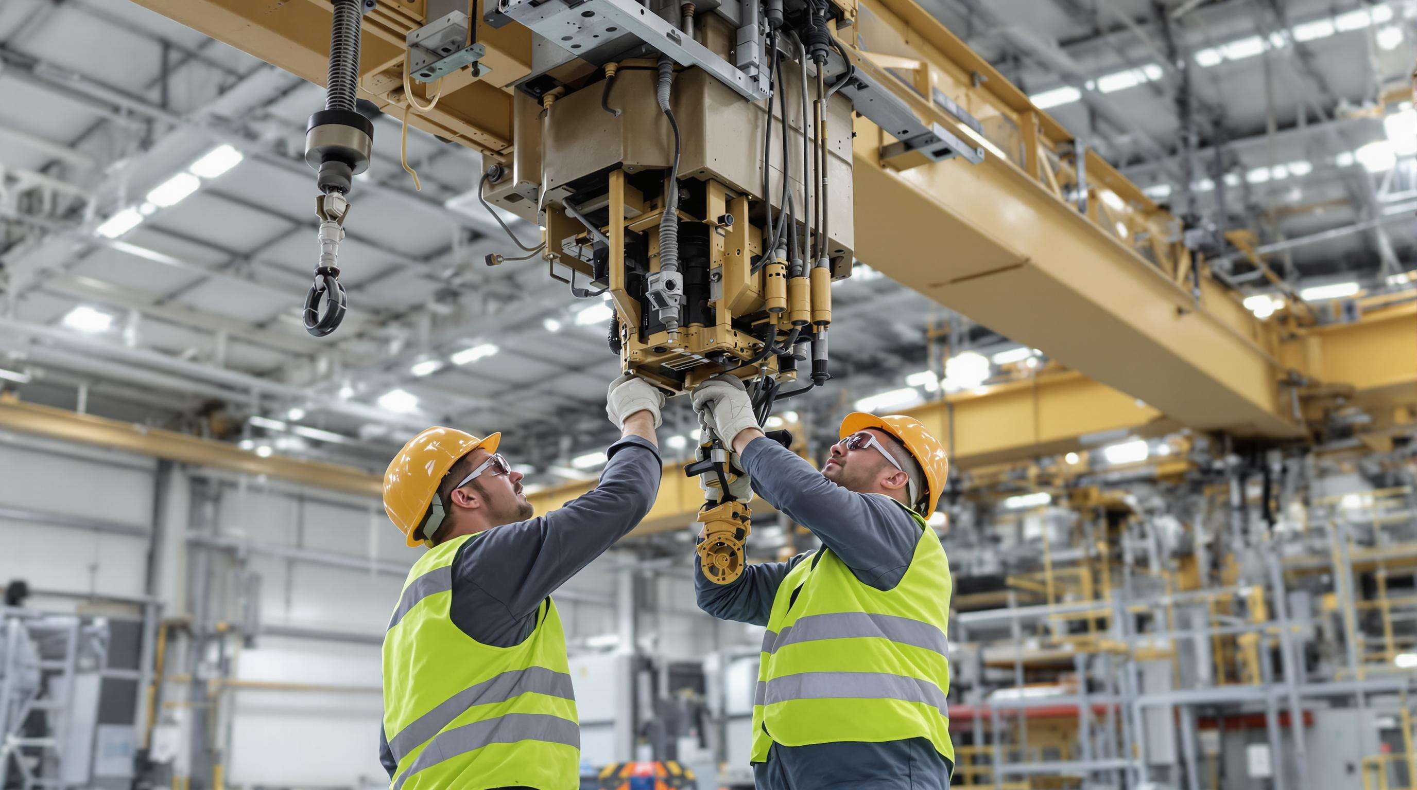 Two workers in safety gear performing inspection on overhead crane in industrial facility