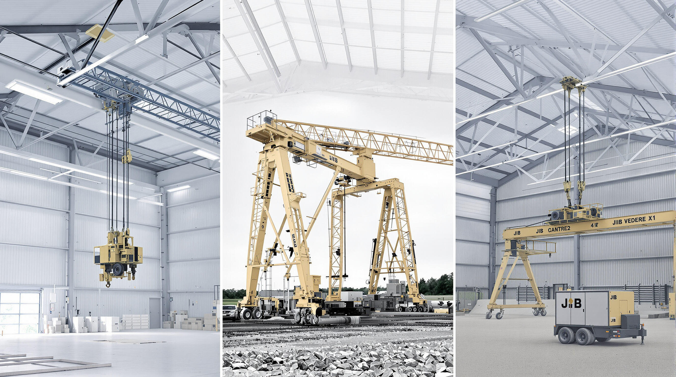 Comparison of overhead, gantry, and JIB cranes showing their distinctive structures in industrial environments