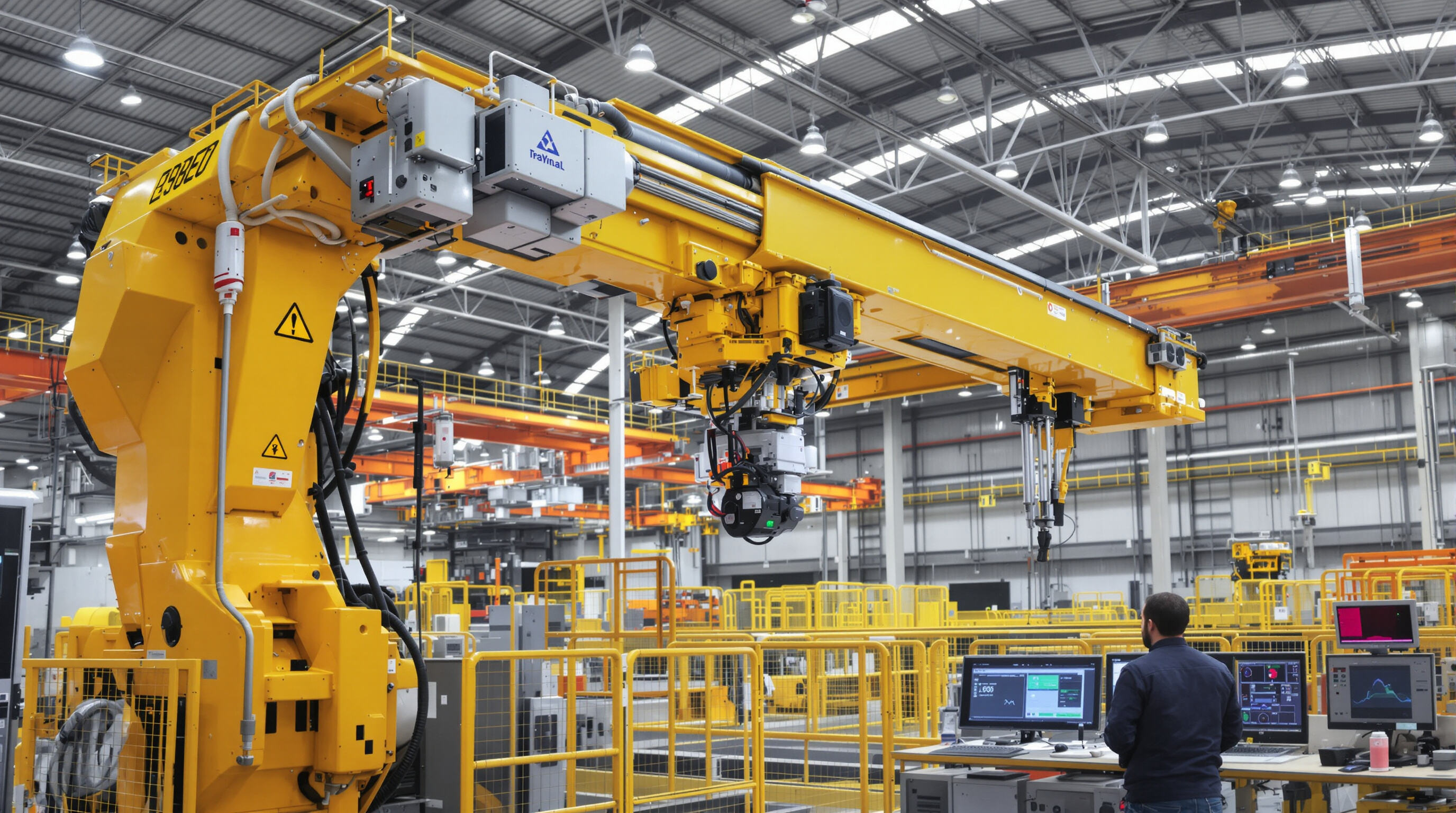 Photo of an automated, sensor-equipped bridge crane in a high-tech factory environment