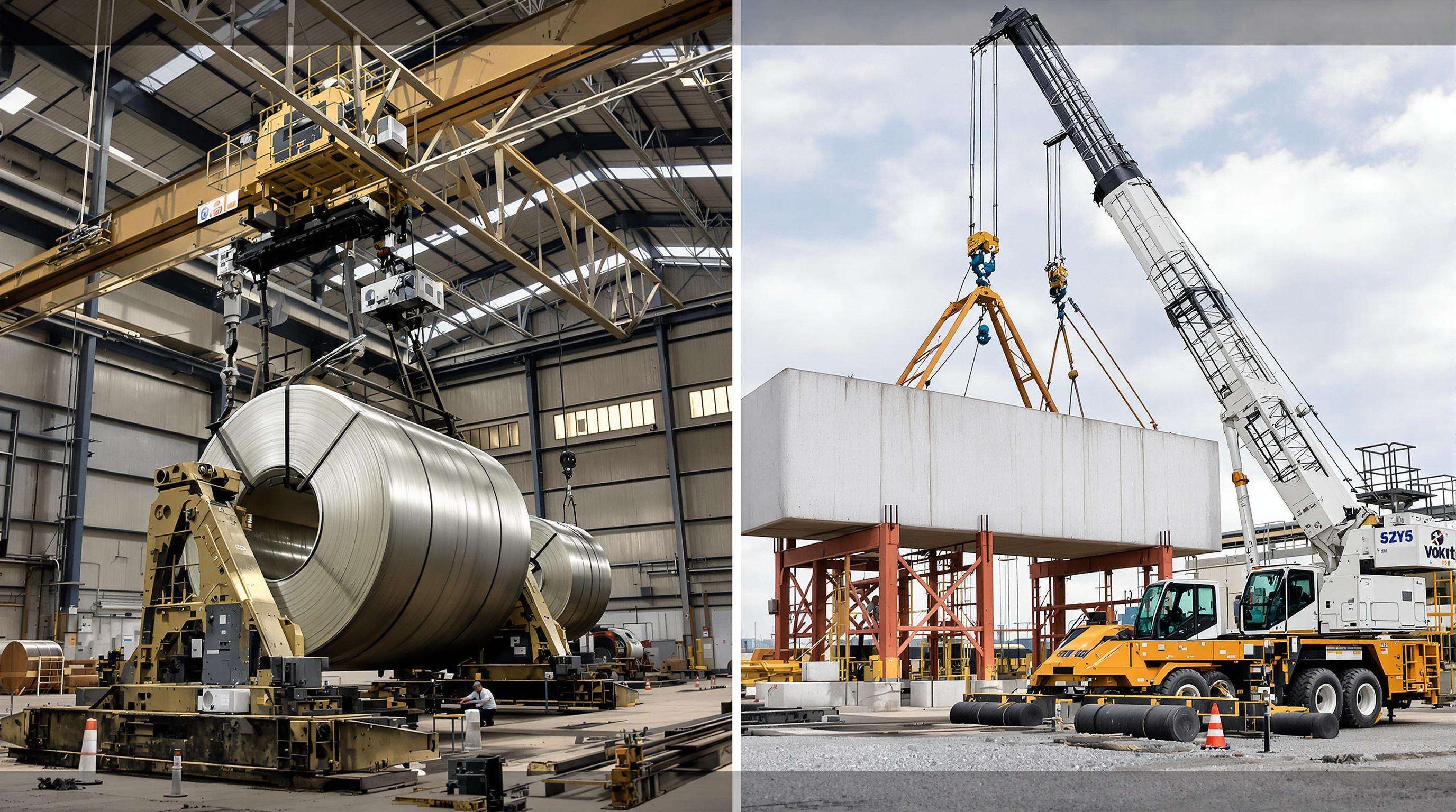 Overhead crane lifting heavy steel coils in a factory next to a mobile crane lifting a concrete beam at a construction site