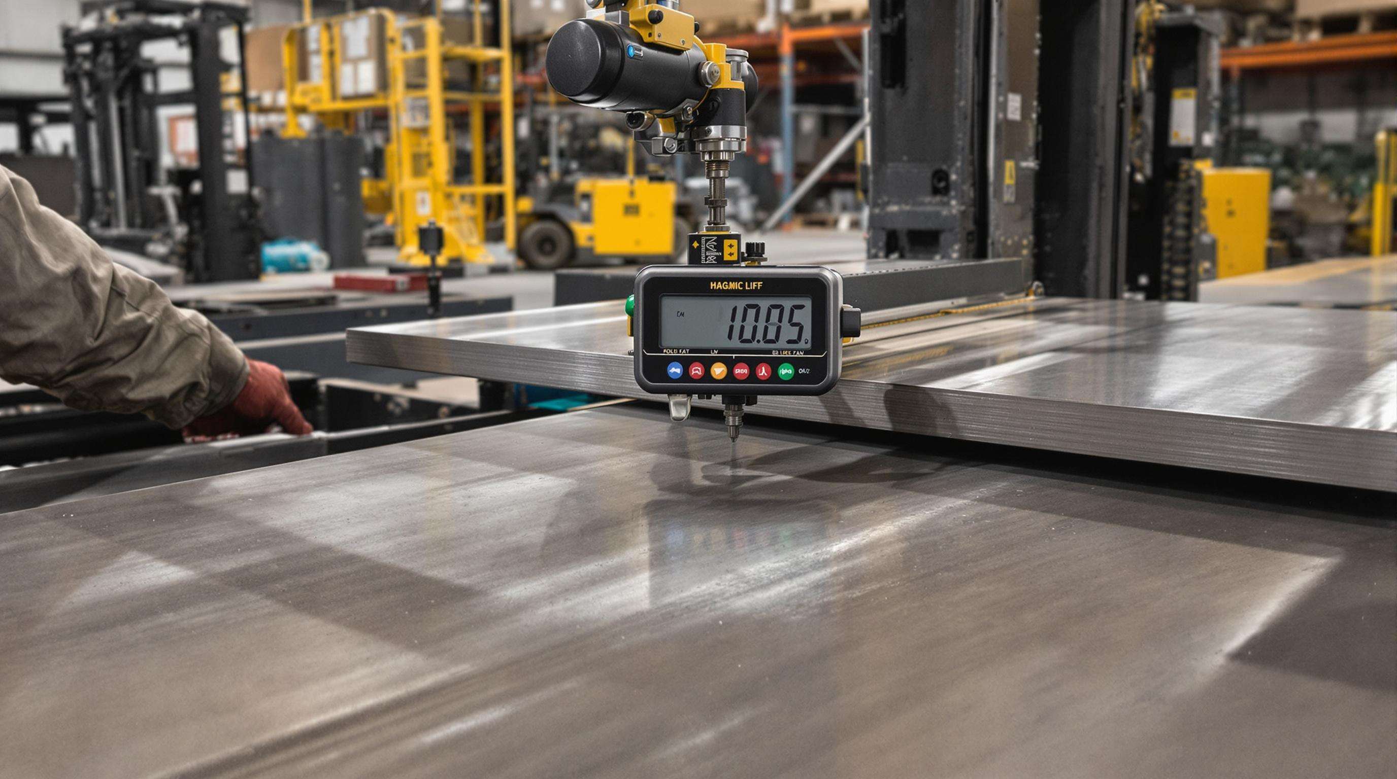 Worker assessing steel plate weight and thickness before magnetic lifting