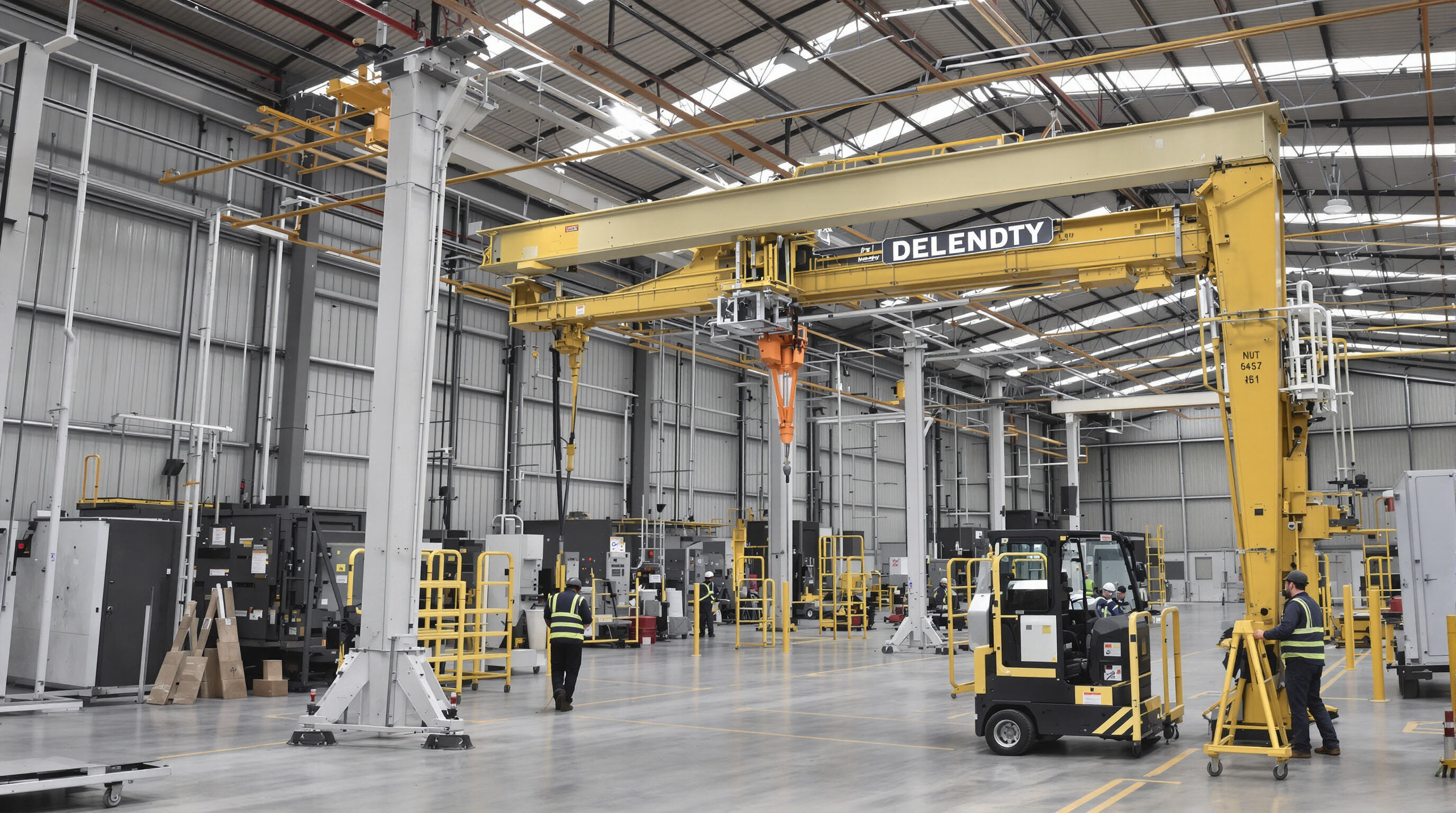 Workers moving and assembling a lightweight aluminum gantry crane in a modern warehouse