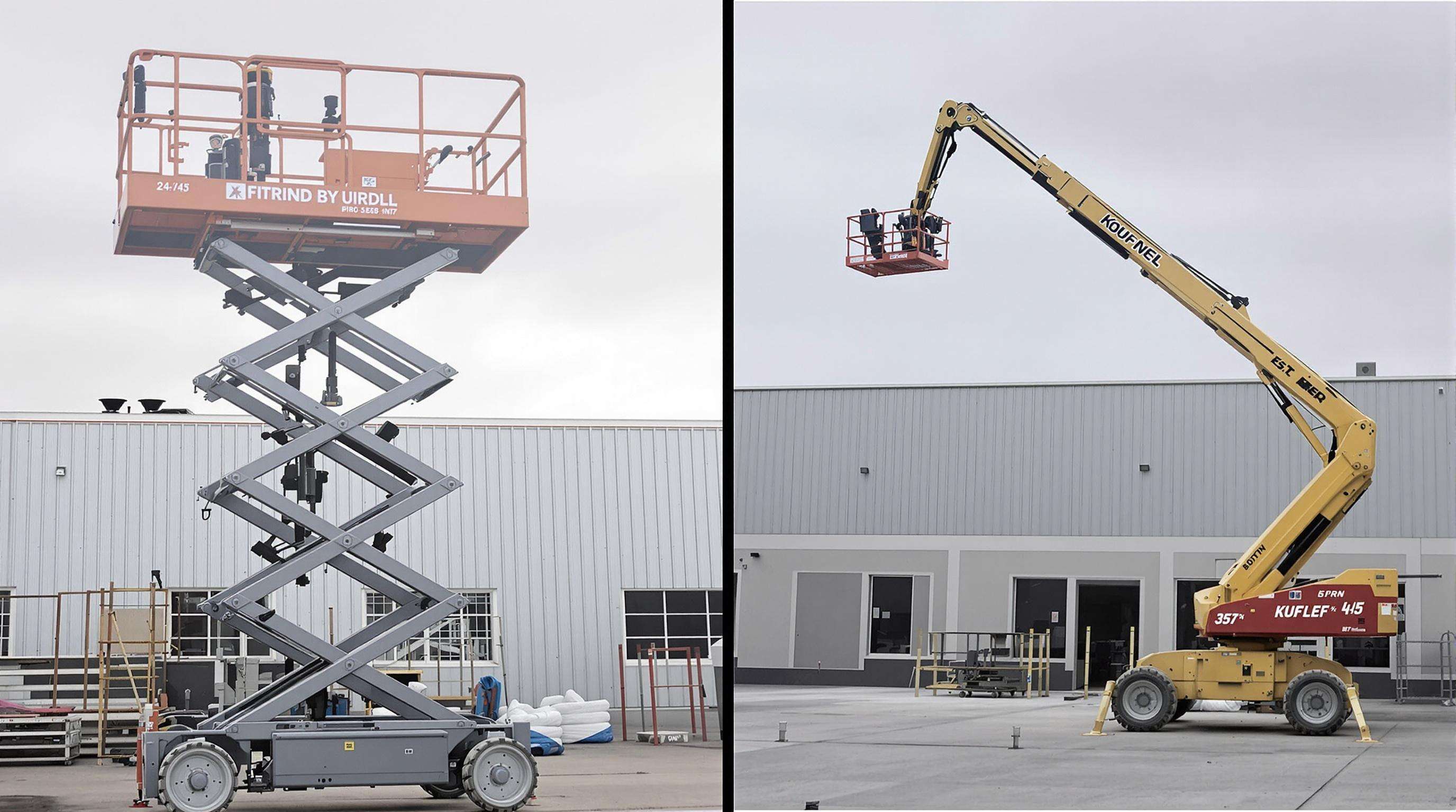 A scissor lift with X-brace next to a boom lift with an extended arm, illustrating their structural differences