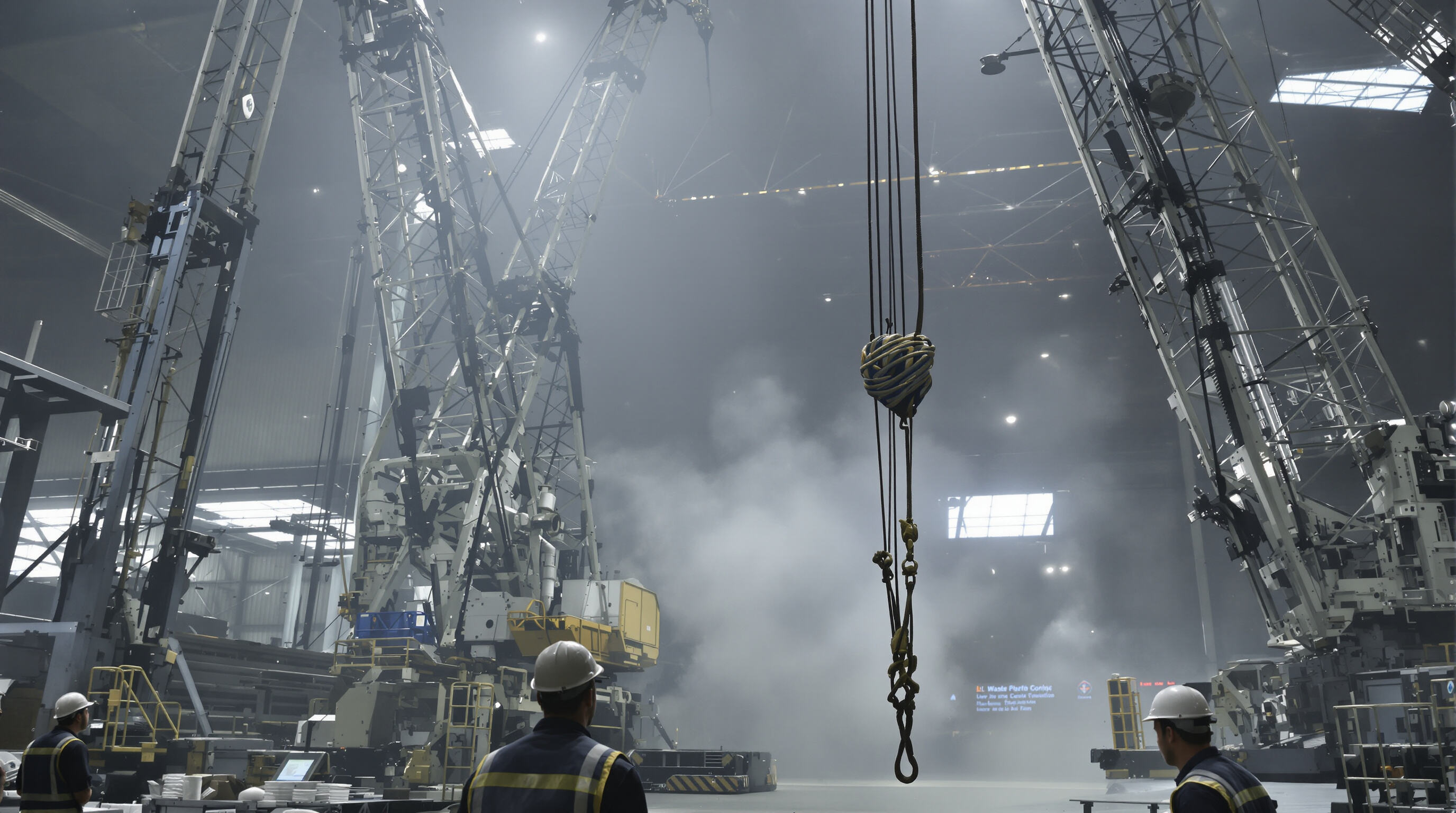 Photorealistic image of a gantry crane showing structural stress and frayed wire in a busy industrial setting, highlighting safety hazards
