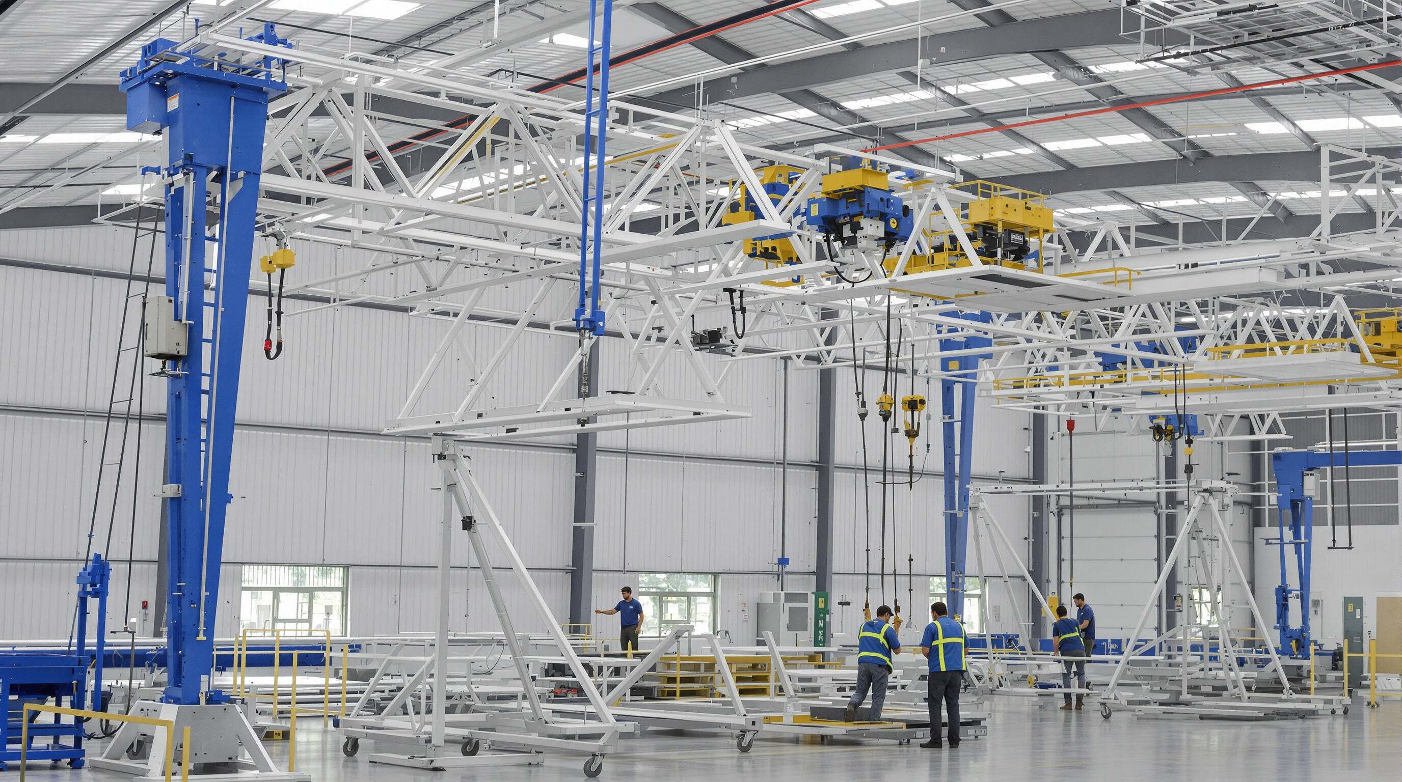 Engineers assembling a modular aluminium gantry crane with interchangeable components on a factory floor