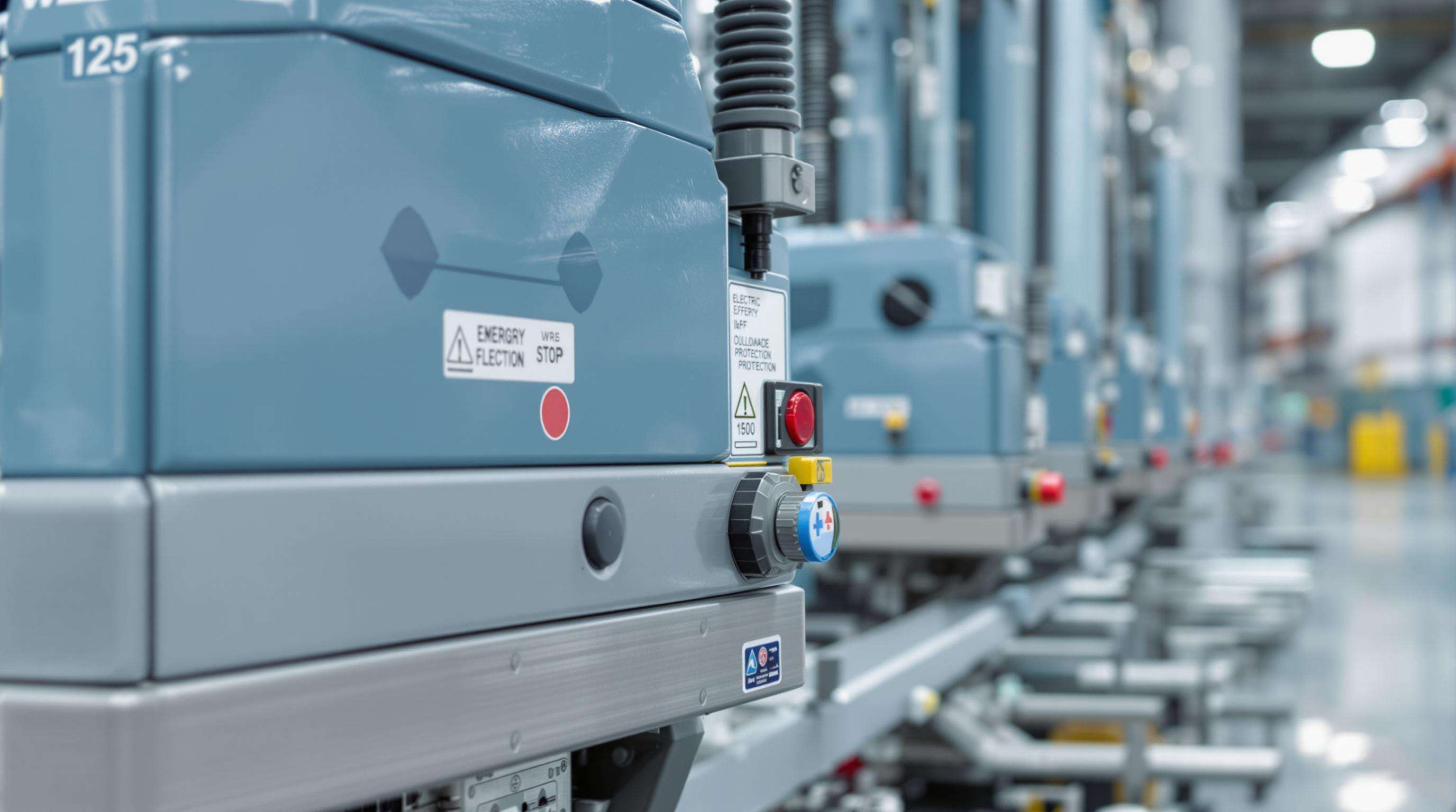 Electric lifting equipment in a warehouse displaying safety mechanisms like emergency stops and sensors