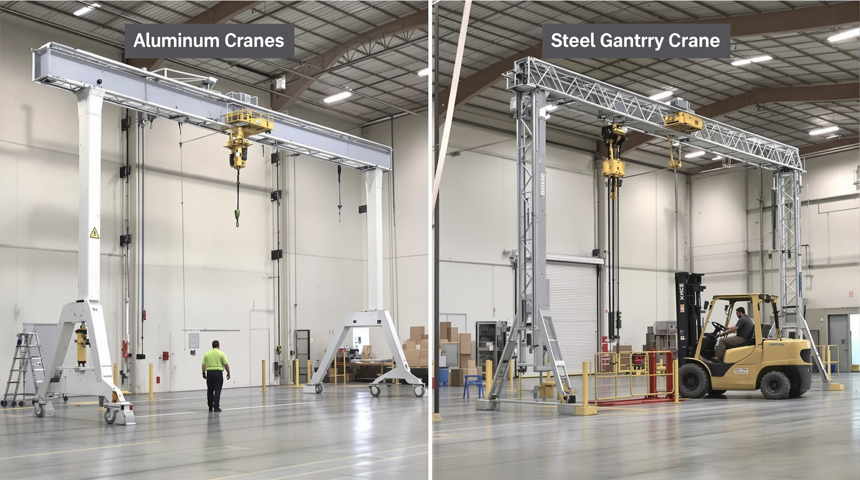 An aluminum and a steel gantry crane side by side in a warehouse, showing the aluminum crane being moved by hand while the steel crane needs a forklift.