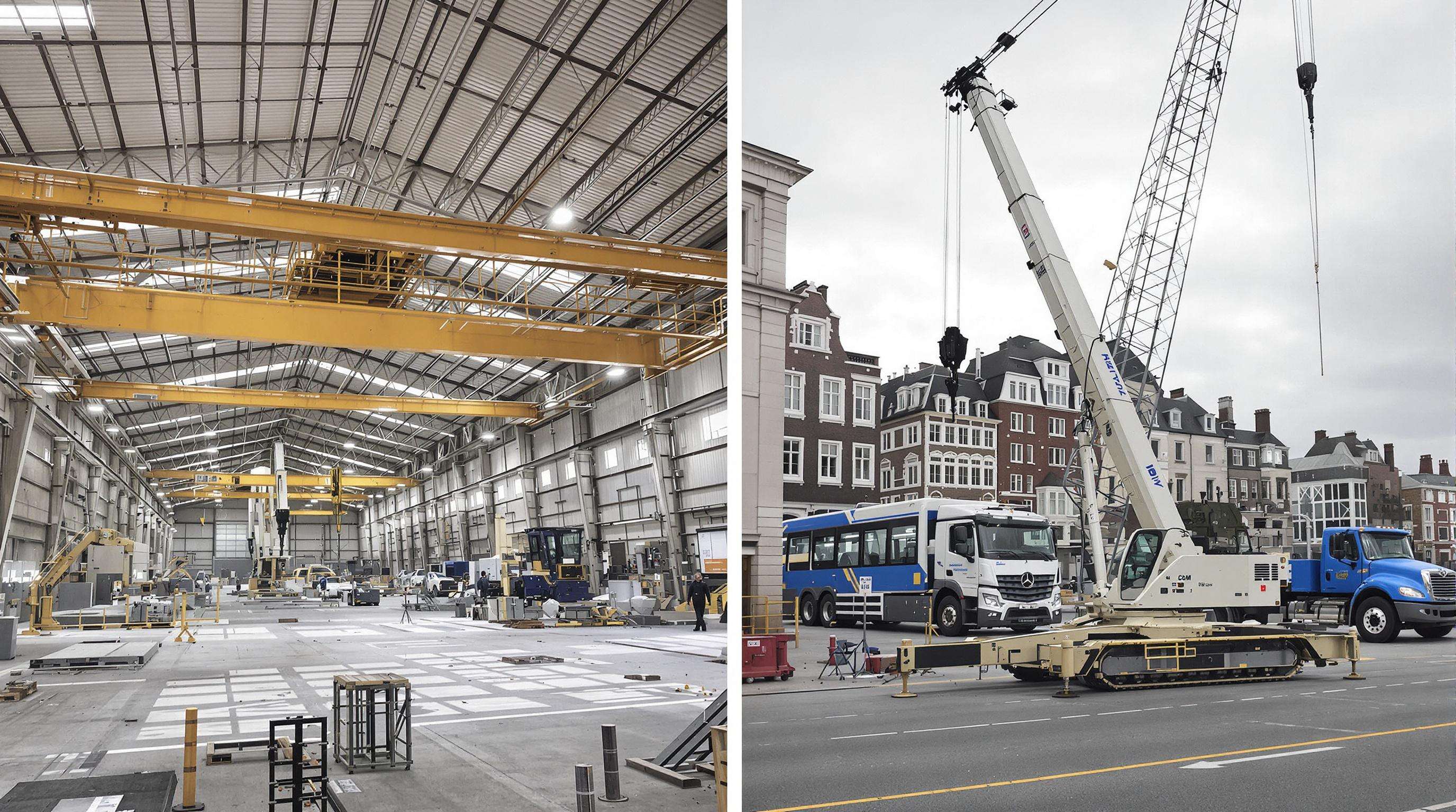 Industrial hall with a fixed overhead crane alongside an outdoor site with a mobile crane working, representing different operational economics