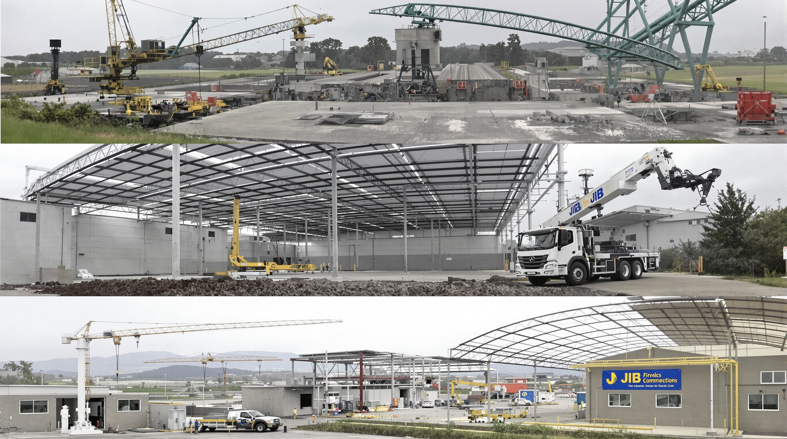 Visual summary of cost drivers: overhead crane with building installation, gantry crane outdoors with signs of maintenance, and a JIB crane installed in a small facility