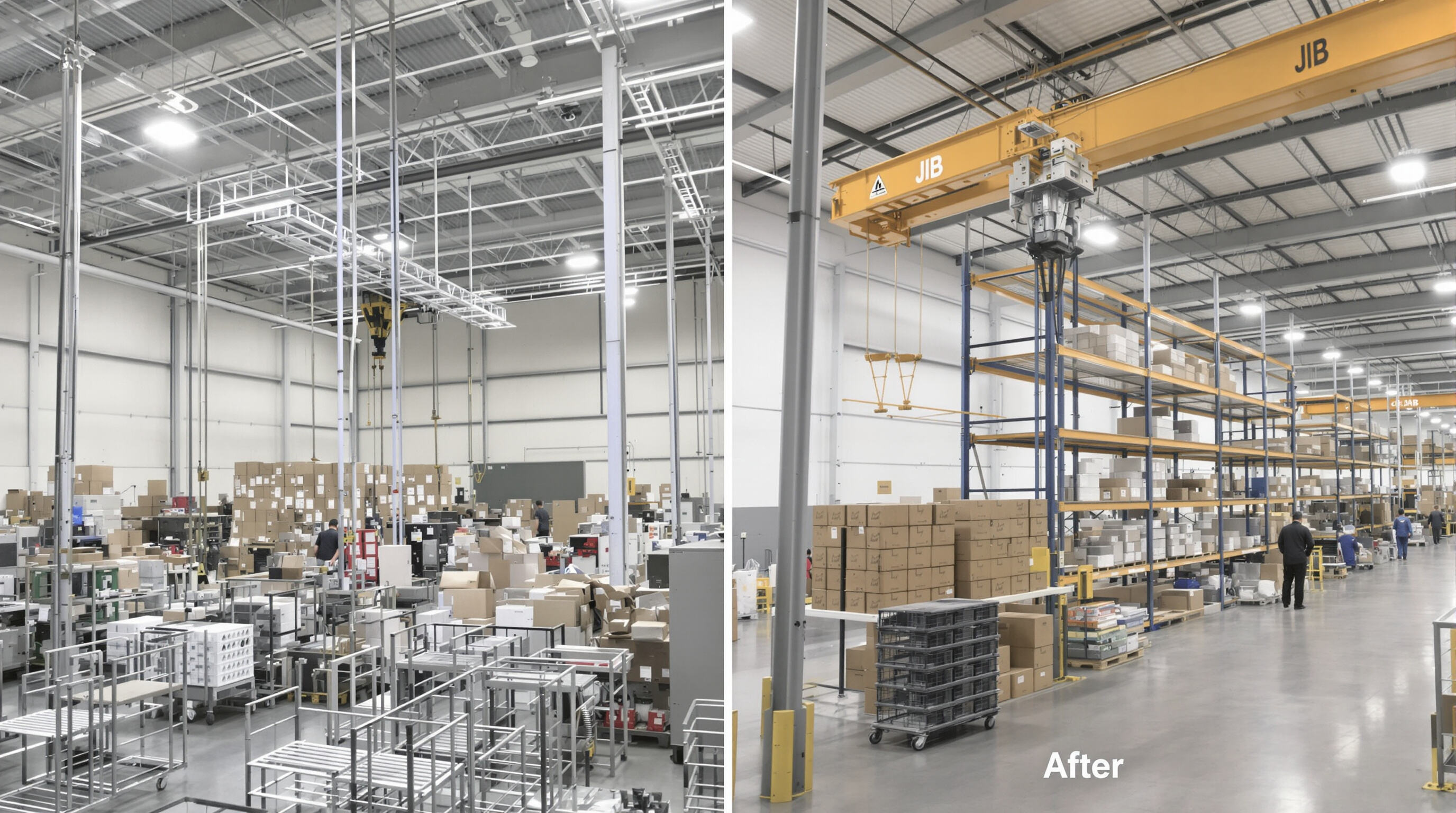 Before and after view of a factory floor, one side crowded and the other spacious with a JIB crane installed