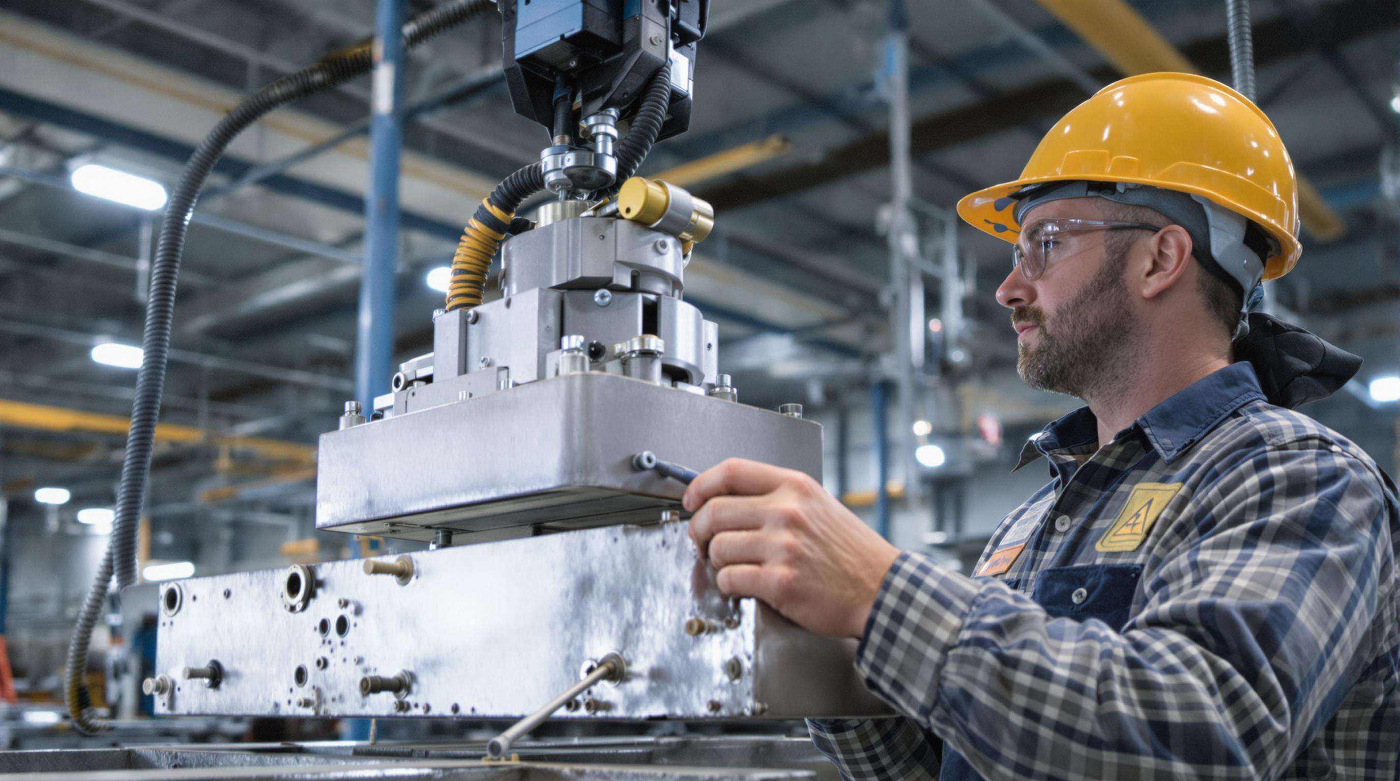 Technician performing safety inspection on a permanent magnetic lifter in a workshop