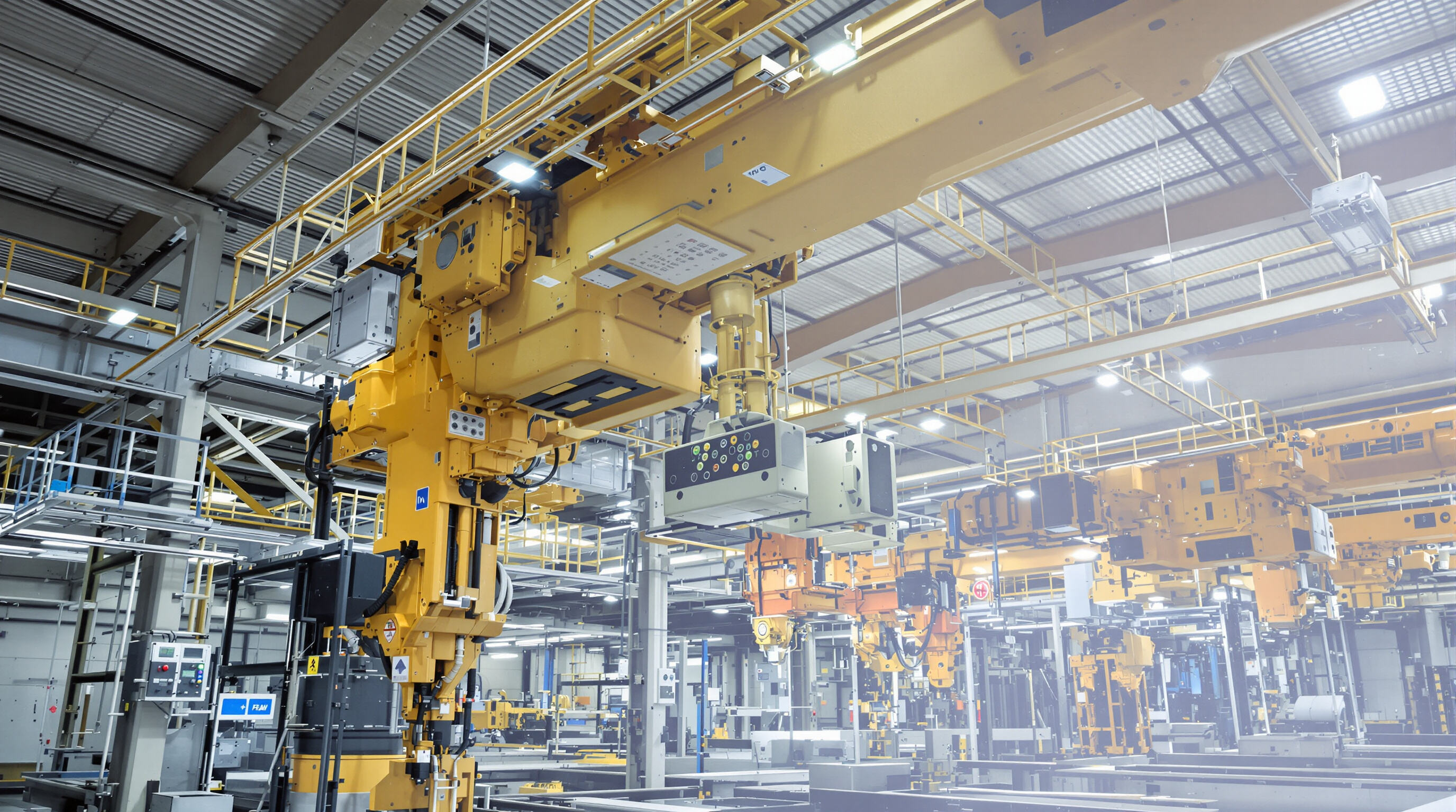 Automated overhead cranes working with factory robots and smart systems in a modern production facility