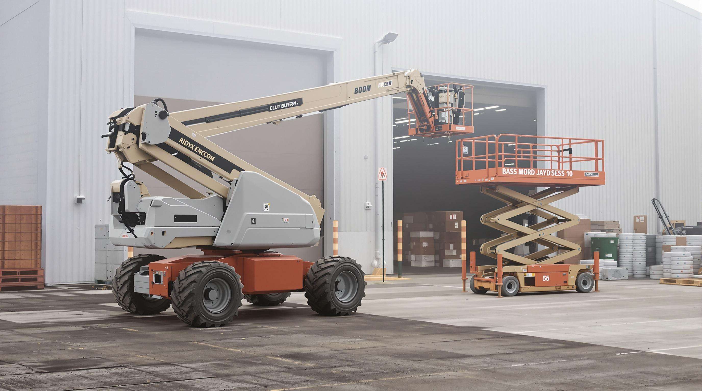 Boom lift working on rough outdoor ground next to a scissor lift on a smooth indoor floor to show terrain adaptability