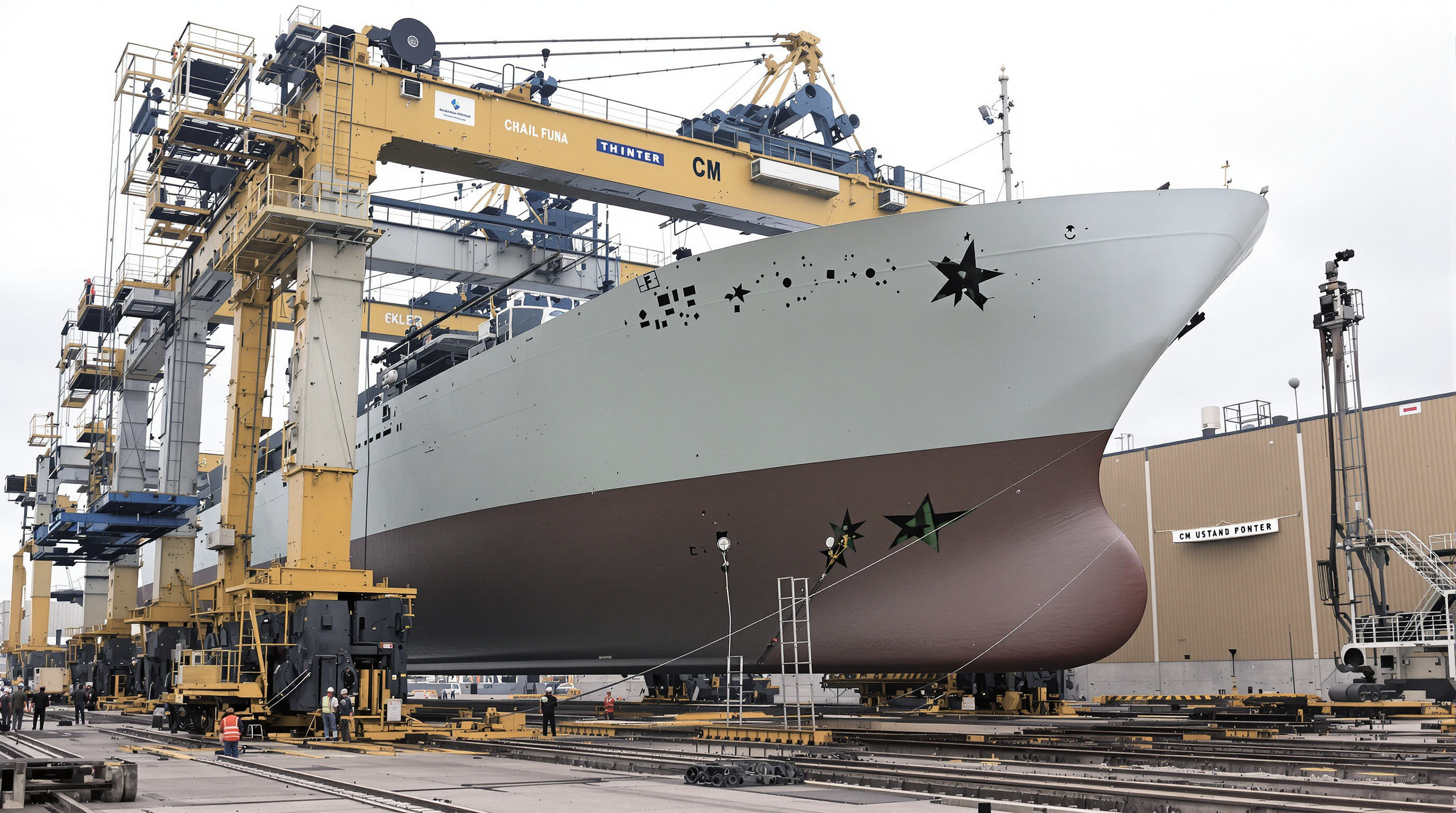 A gantry crane precisely lifting a ship hull section at a shipyard for assembly