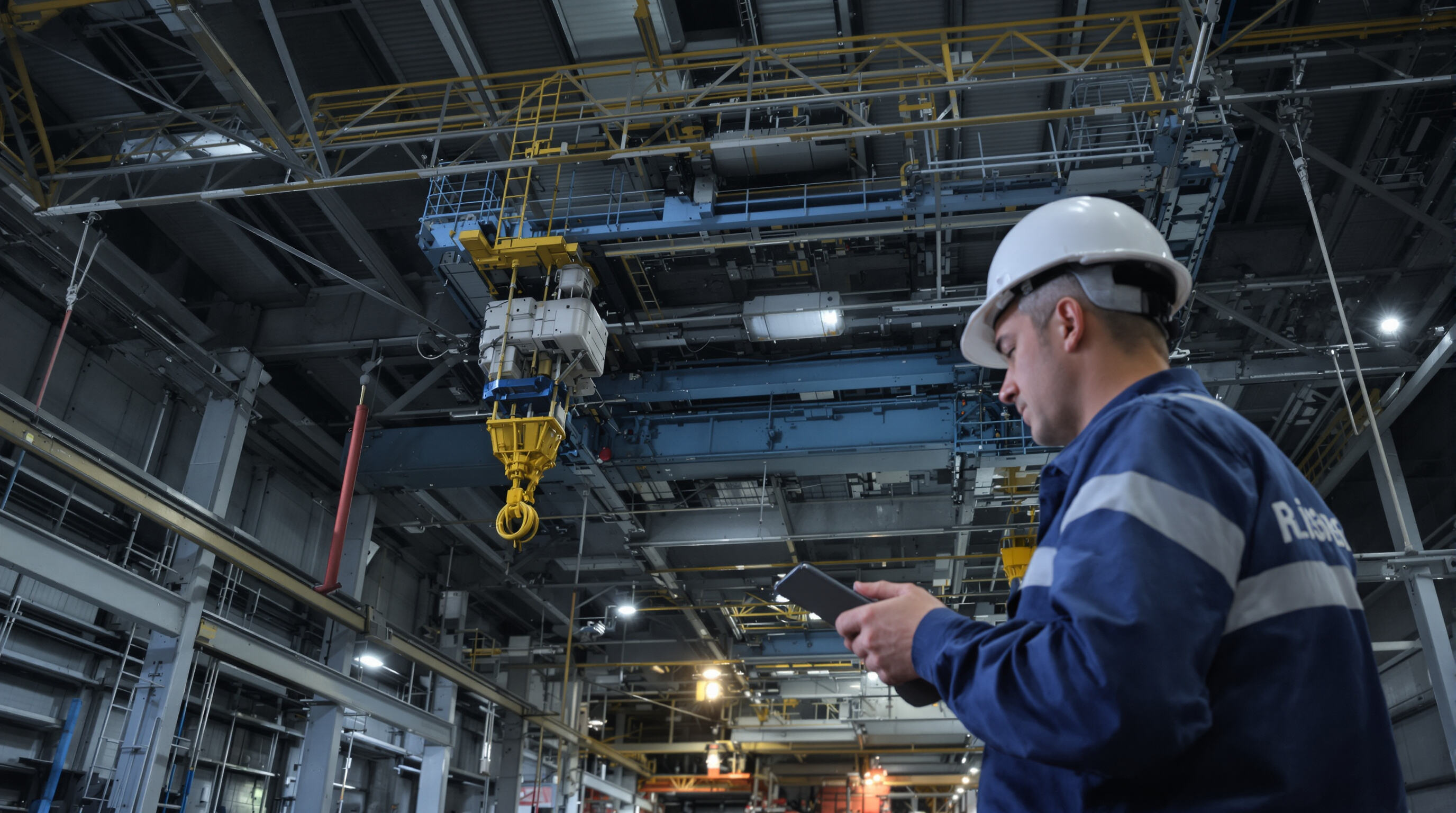 Photorealistic image of technician inspecting crane components with digital checklist, emphasizing maintenance and safety management