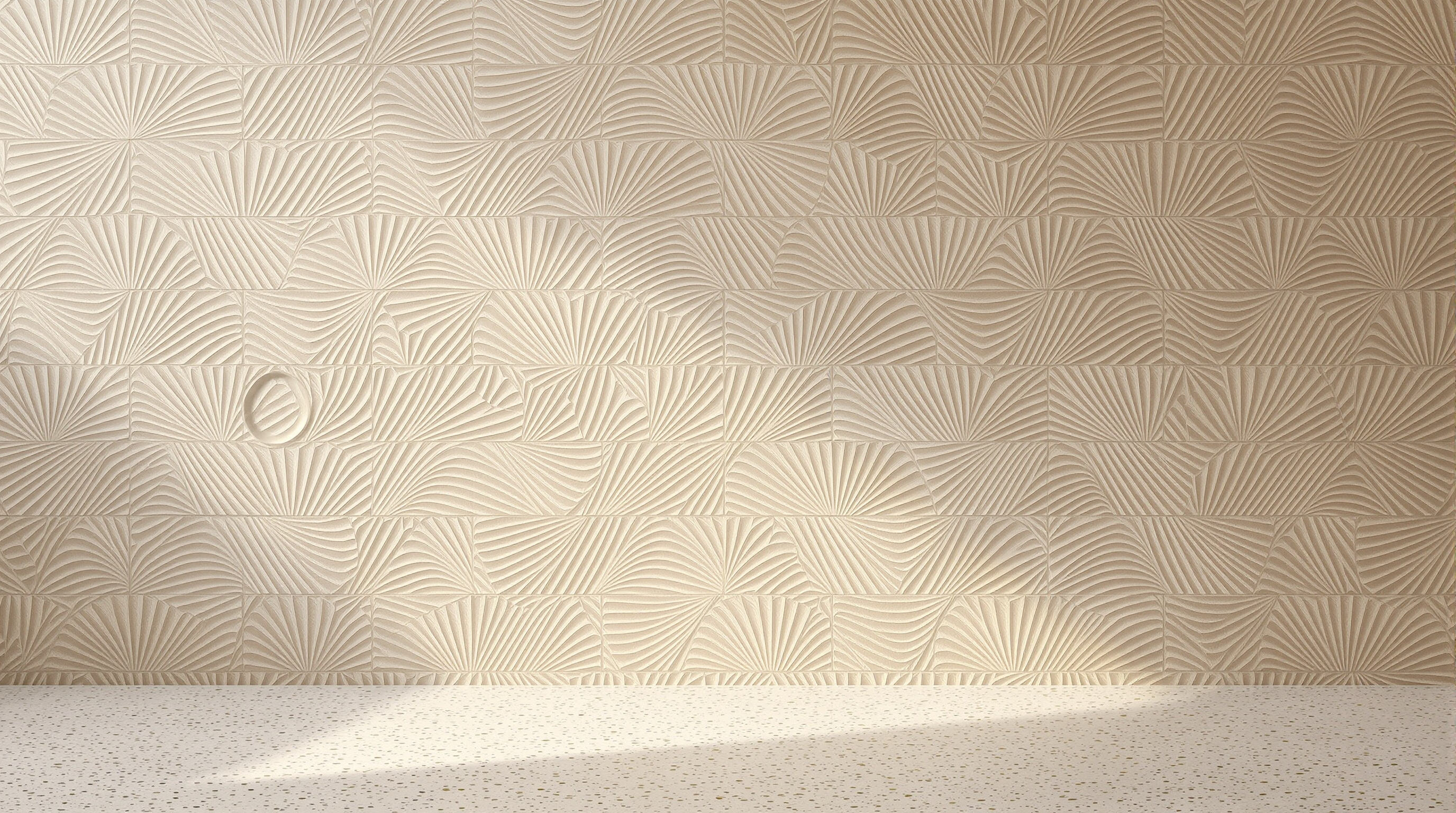 3D geometric and wavy textured tiles on a bathroom wall with terrazzo flooring, shadows highlighting surface depth in muted earthy colors
