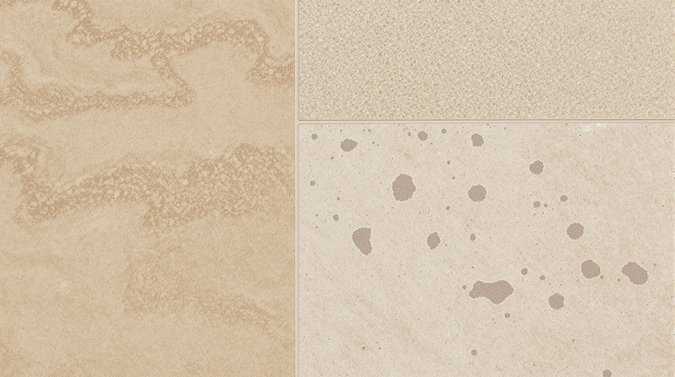 Travertine tile surface showing polished, honed, and filled sections with subtle texture and color changes.