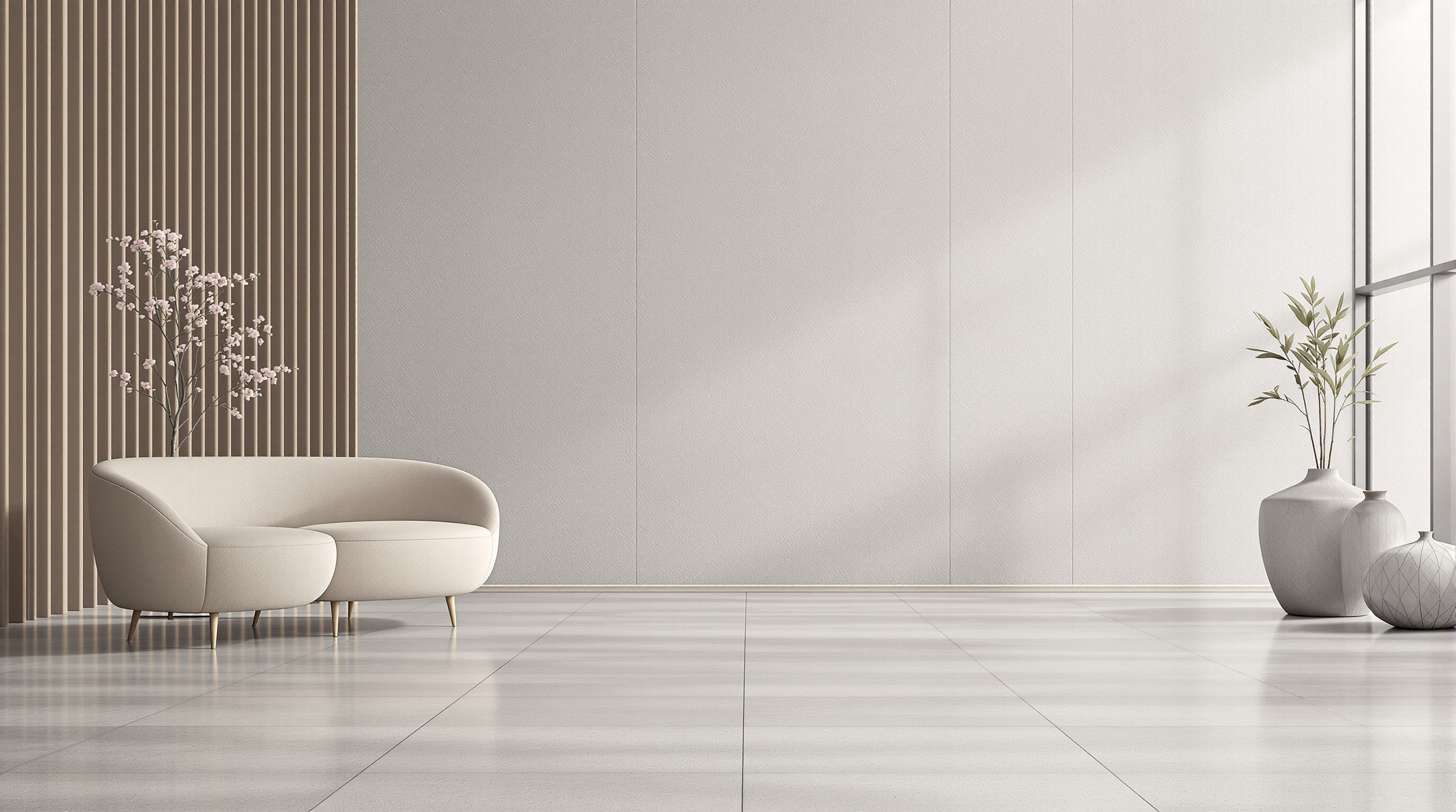 A modern room with seamless microcement floor and resin wall showing a continuous, joint-free surface
