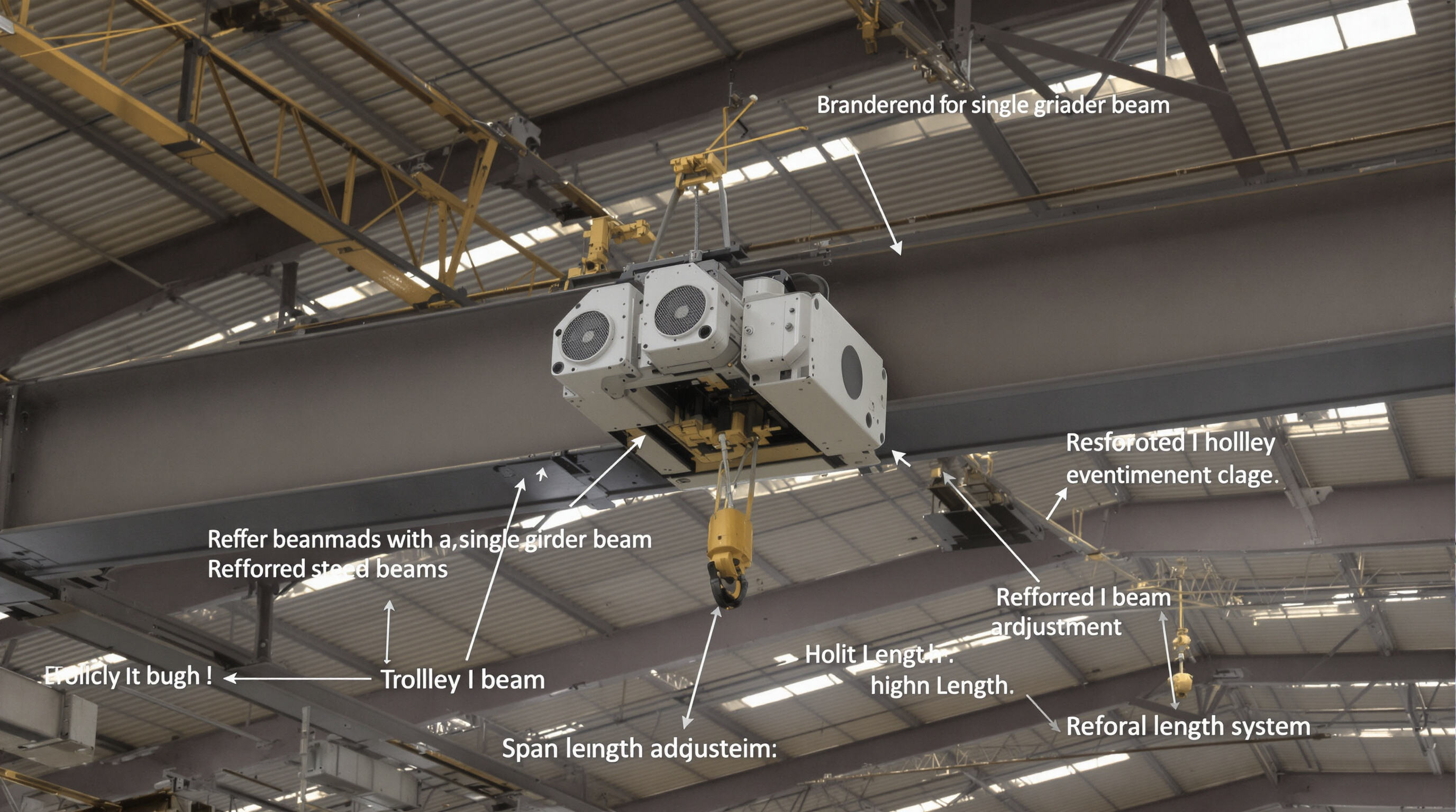 Close-up of single girder crane beam and trolley system in a warehouse