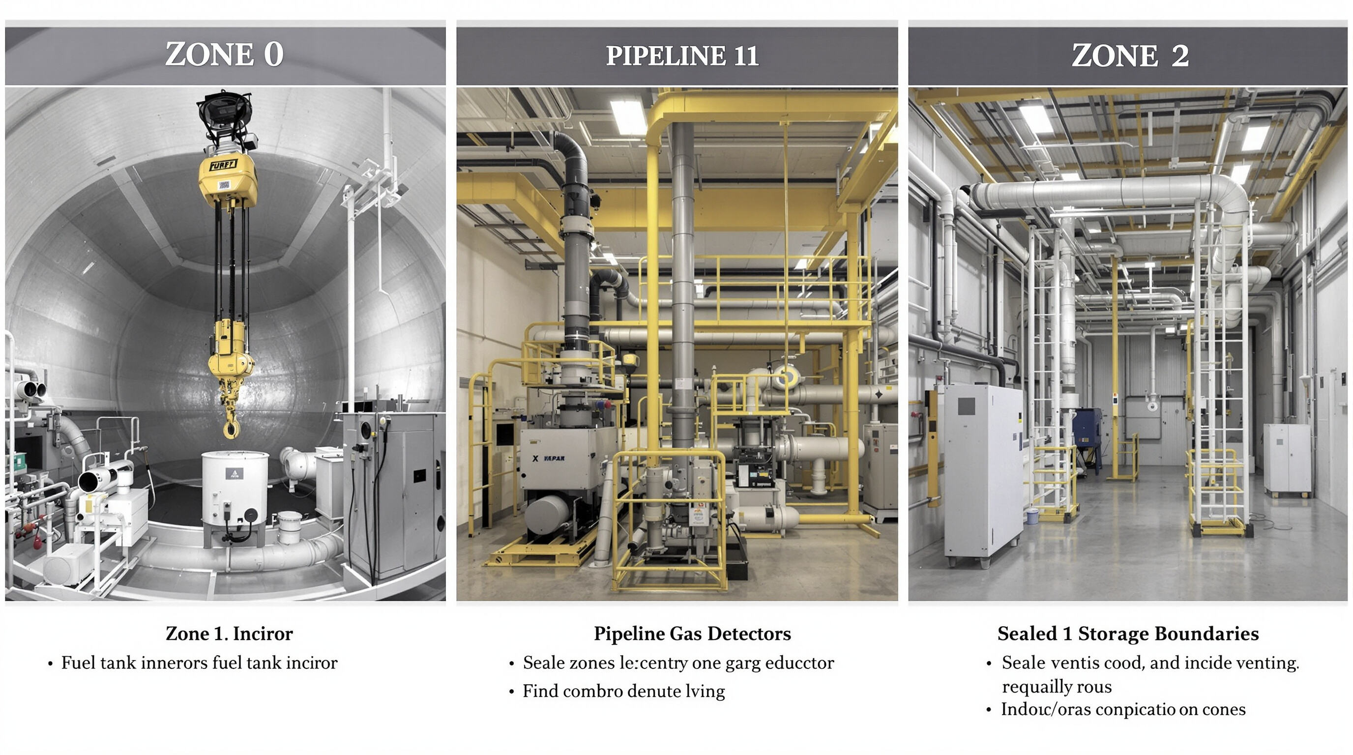 Realistic photo showing three industrial zones with different explosion hazard levels and specialized hoisting equipment
