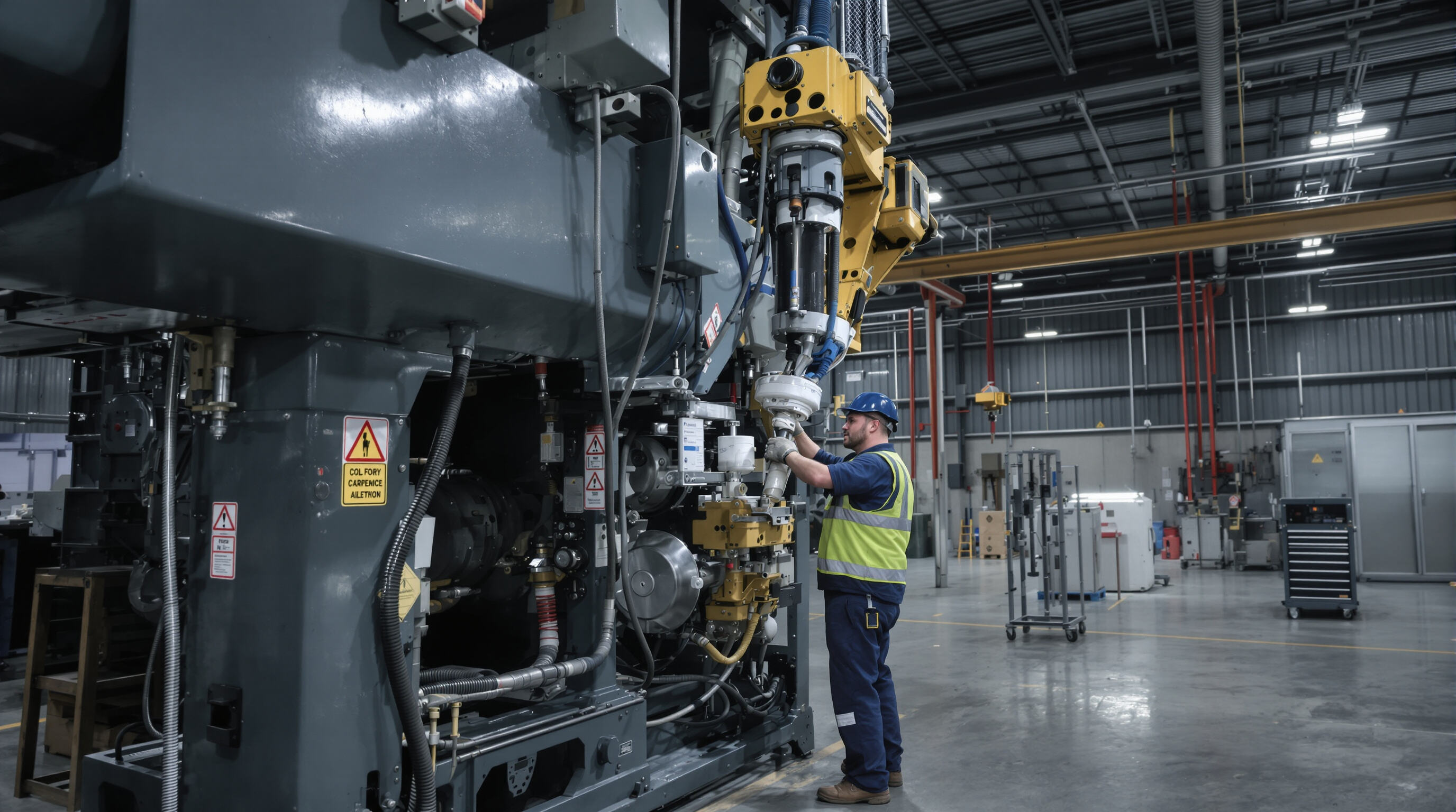 Technician inspecting and maintaining an industrial air hoist in a spacious workshop