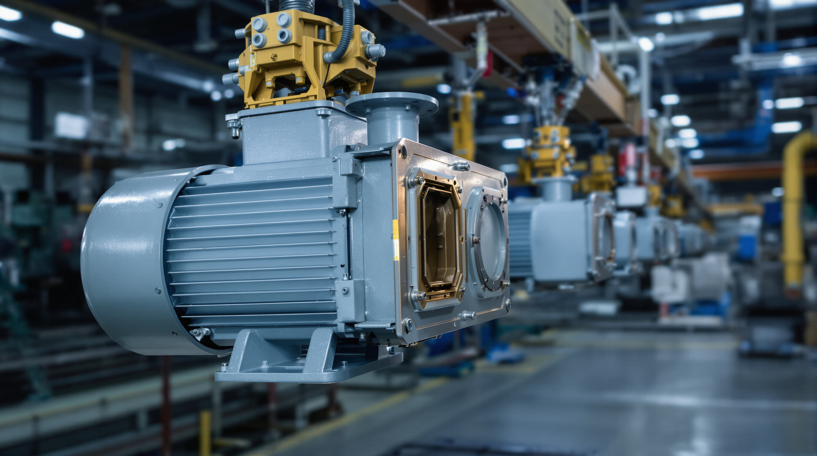 Photorealistic close-up of an explosion-proof electric motor with sealed casing and thermal sensors in an industrial environment