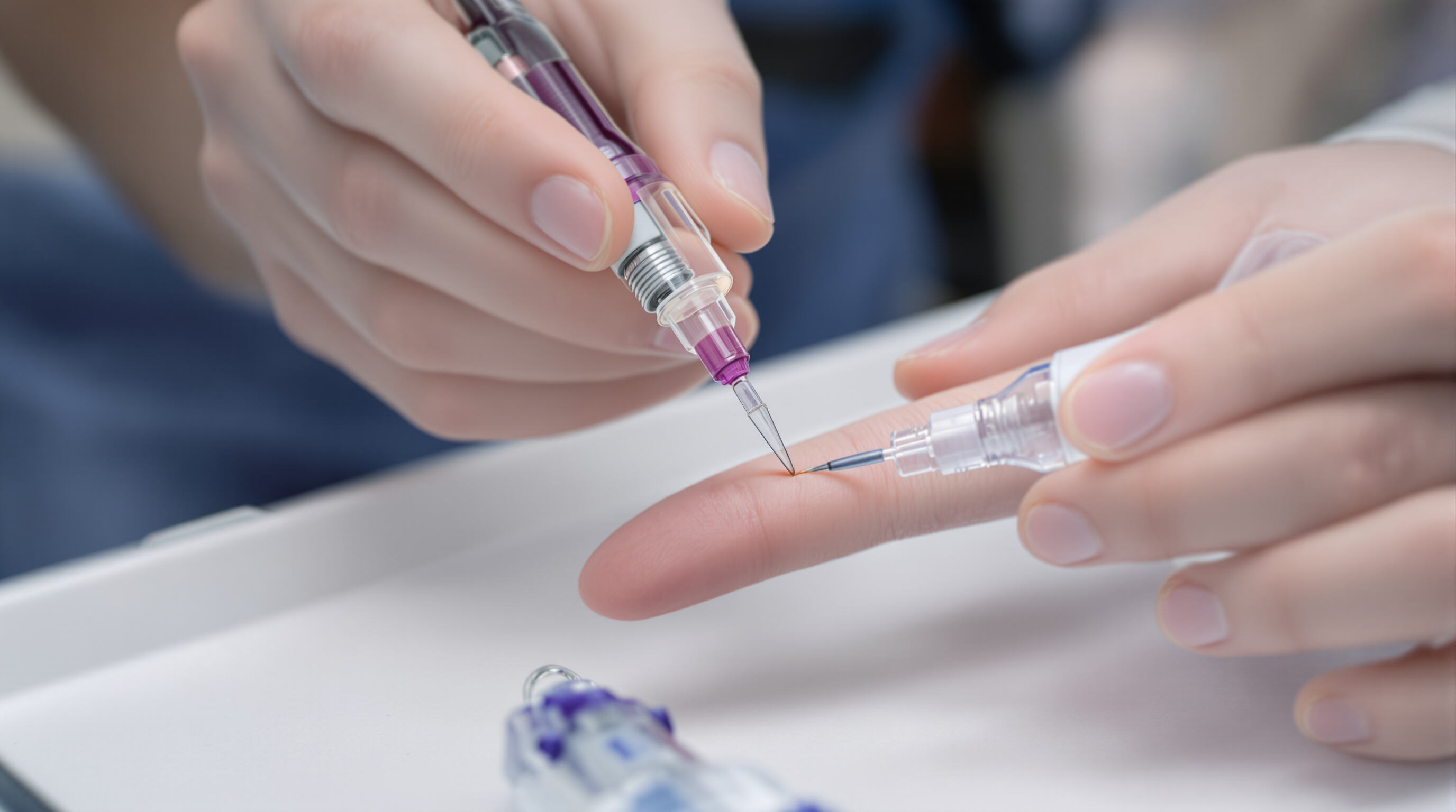 Close-up showing two types of capillary blood sample collectors, one spring-loaded and one manual, in use on a patient's finger.