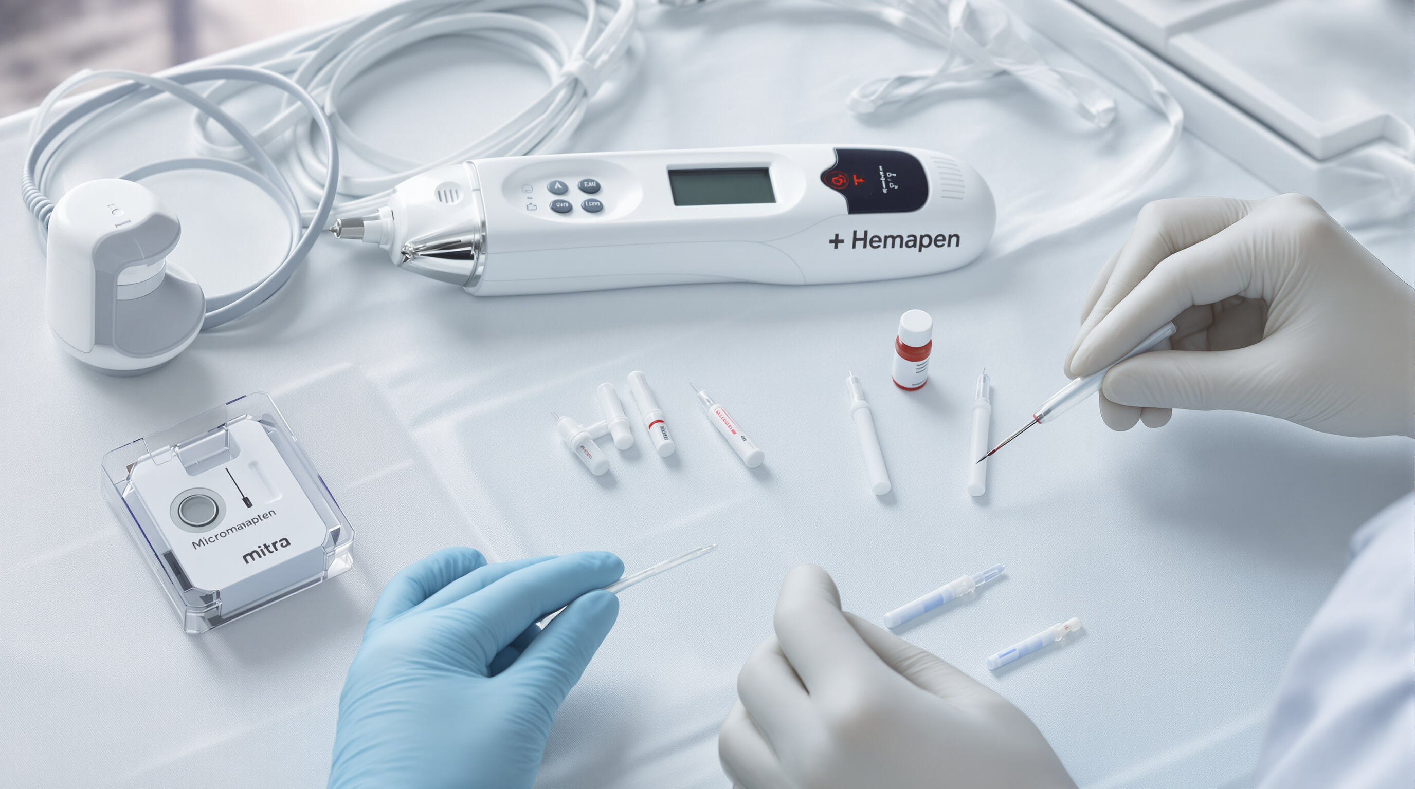 Modern capillary blood collection devices and traditional lancets on a sterile table, prepared by a gloved medical professional.