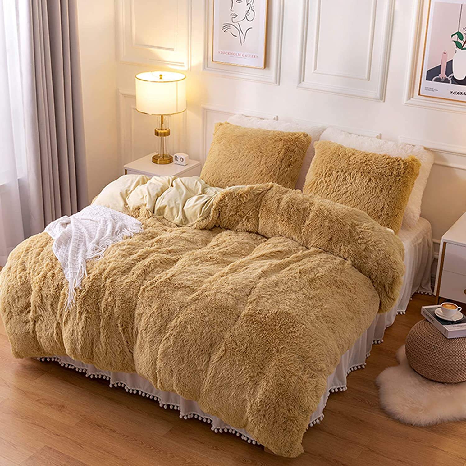 Hot Selling Custom Fluffy Plush Luxury Faux Fur Velvet Shaggy Queen King Size Duvet Cover Bedding Set details