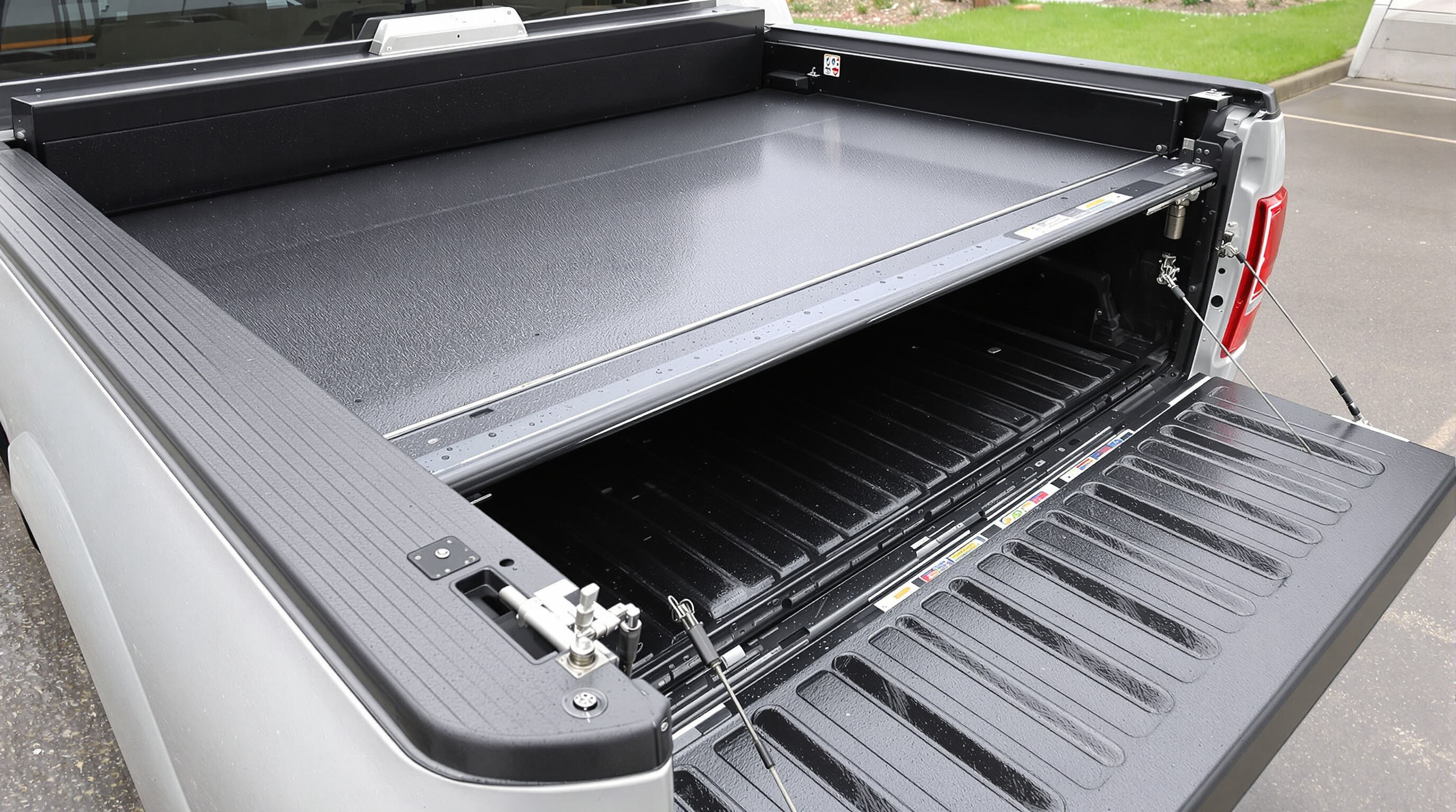 Truck bed covers demonstrating weather sealing with droplets and close-up on protective seals