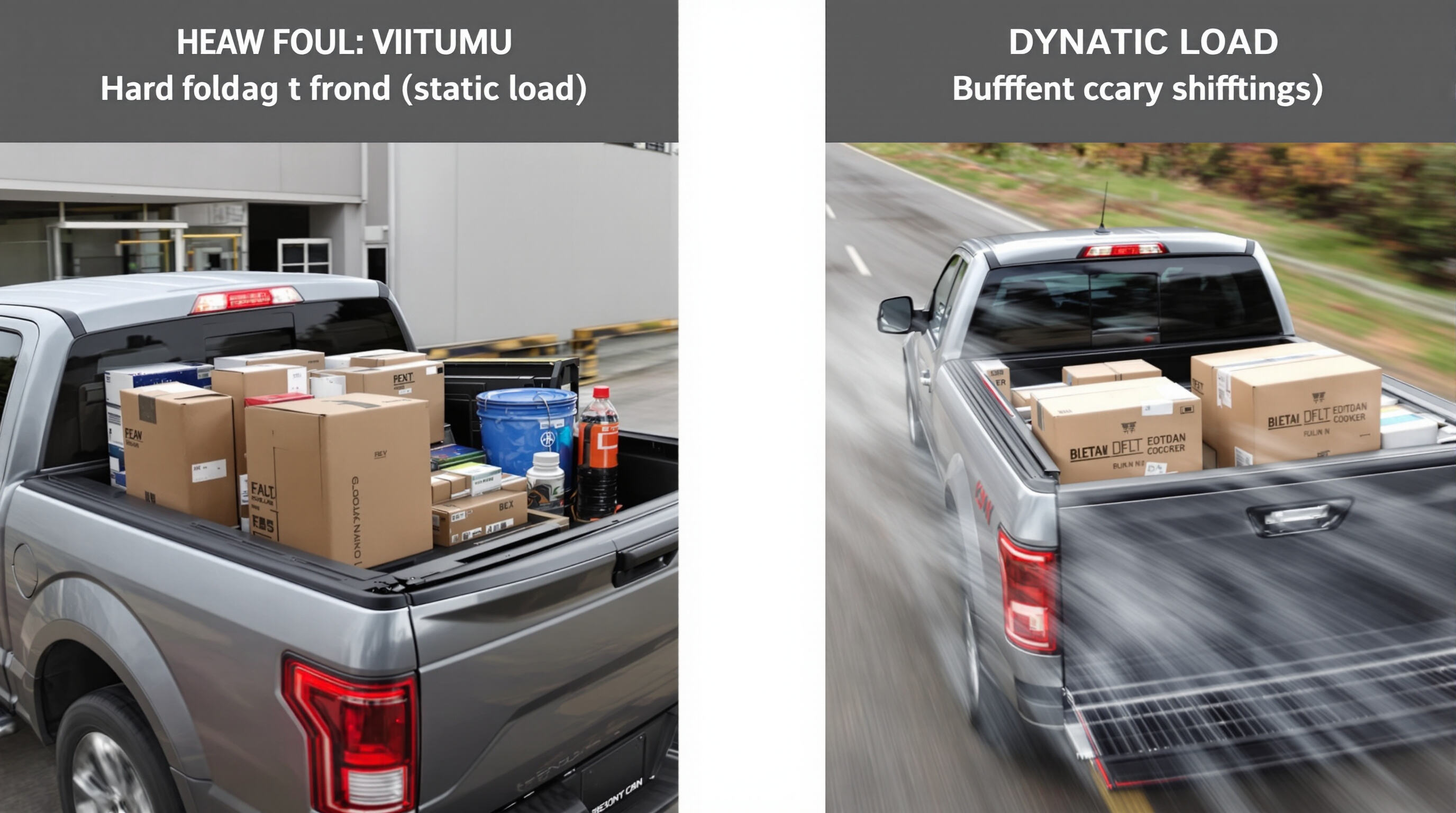 Photorealistic scene showing two pickup trucks with hard folding tonneau covers, demonstrating heavy load and movement stress.