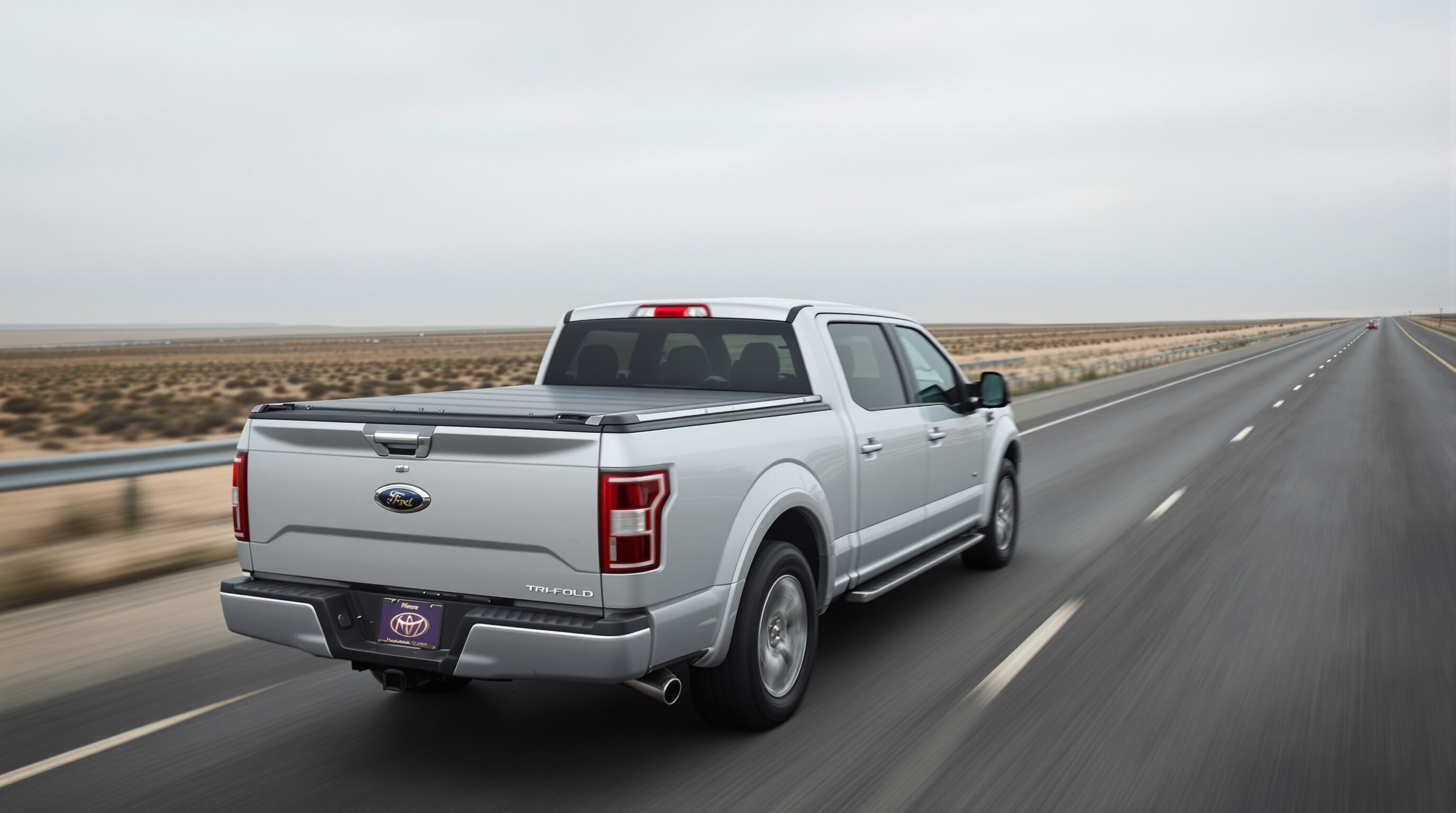 Pickup truck with tri-fold cover on highway illustrating streamlined aerodynamics