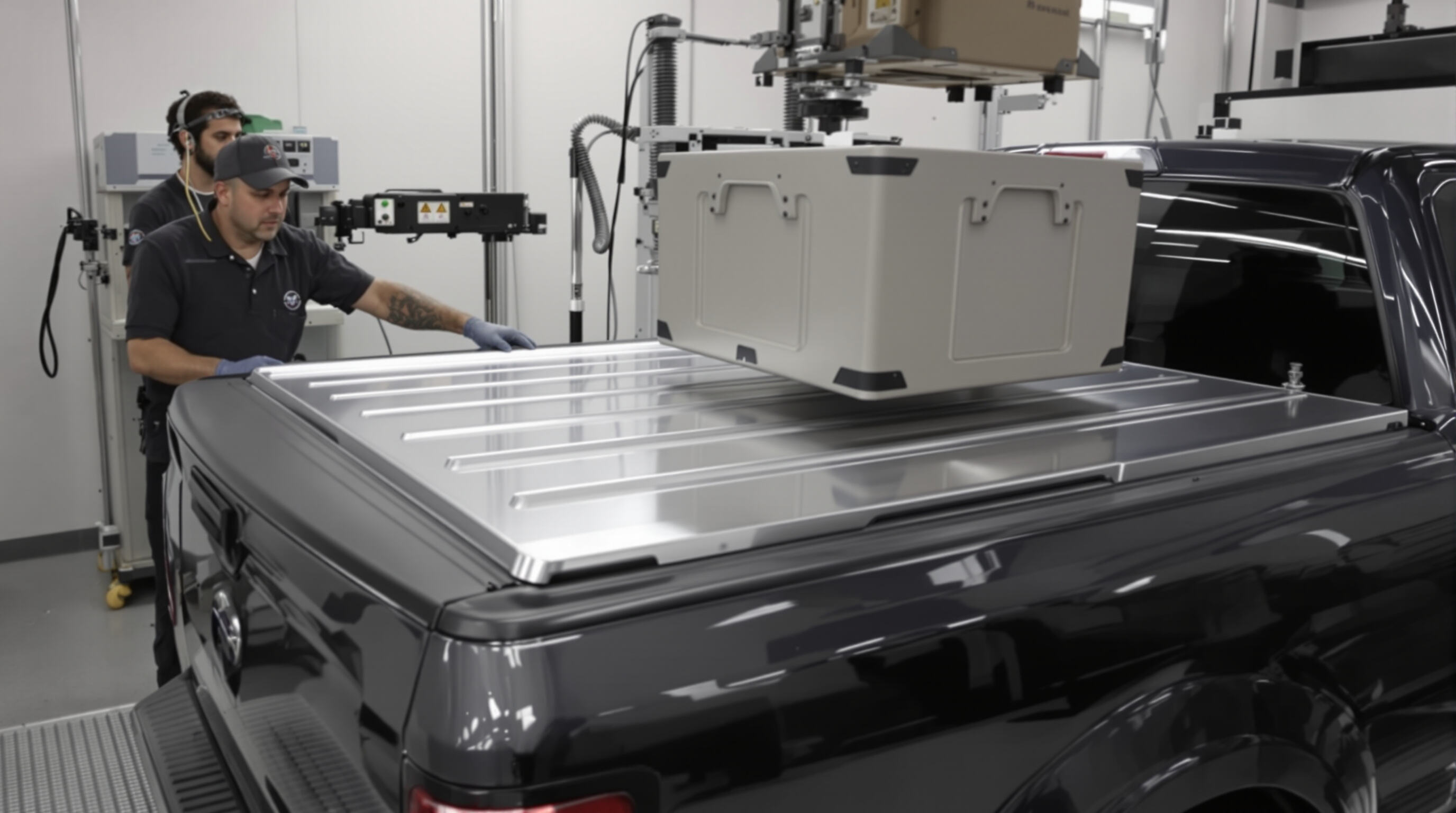Technicians testing the durability of an aluminum tonneau cover in a lab with impact equipment