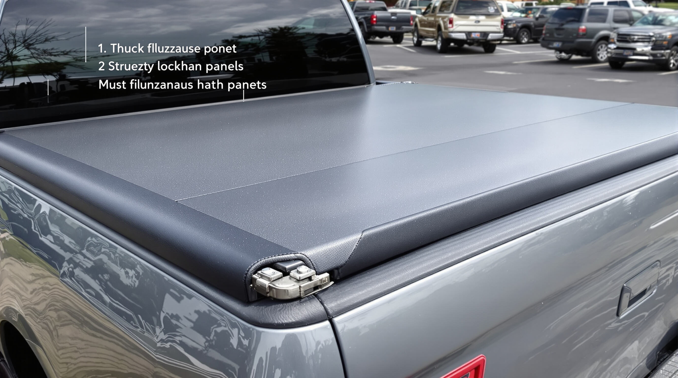 Pickup truck with three-fold hard tonneau cover securely locked, close-up on latch mechanisms
