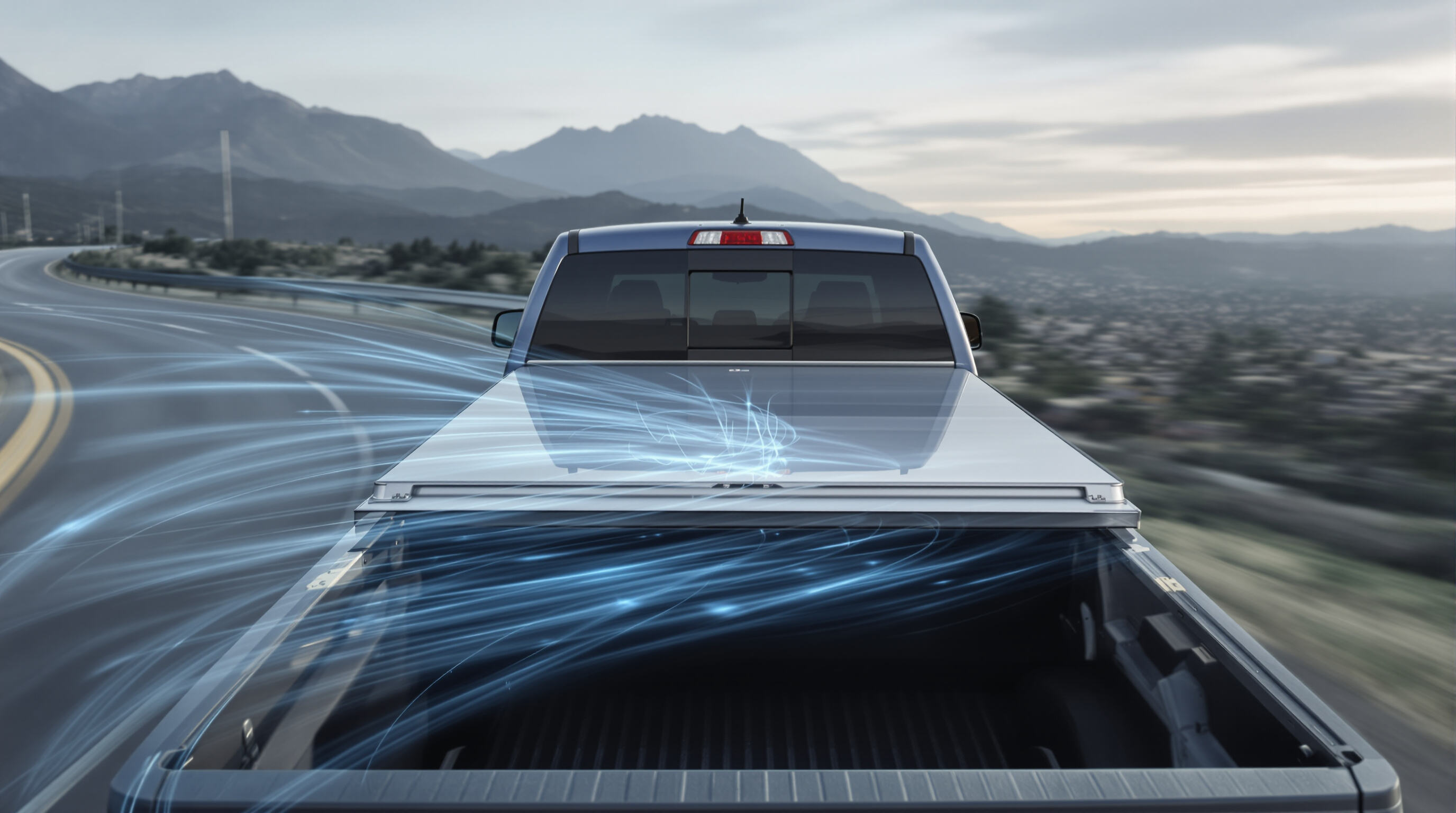Pickup truck with aluminum tonneau cover showing aerodynamic shape and wind flow on highway