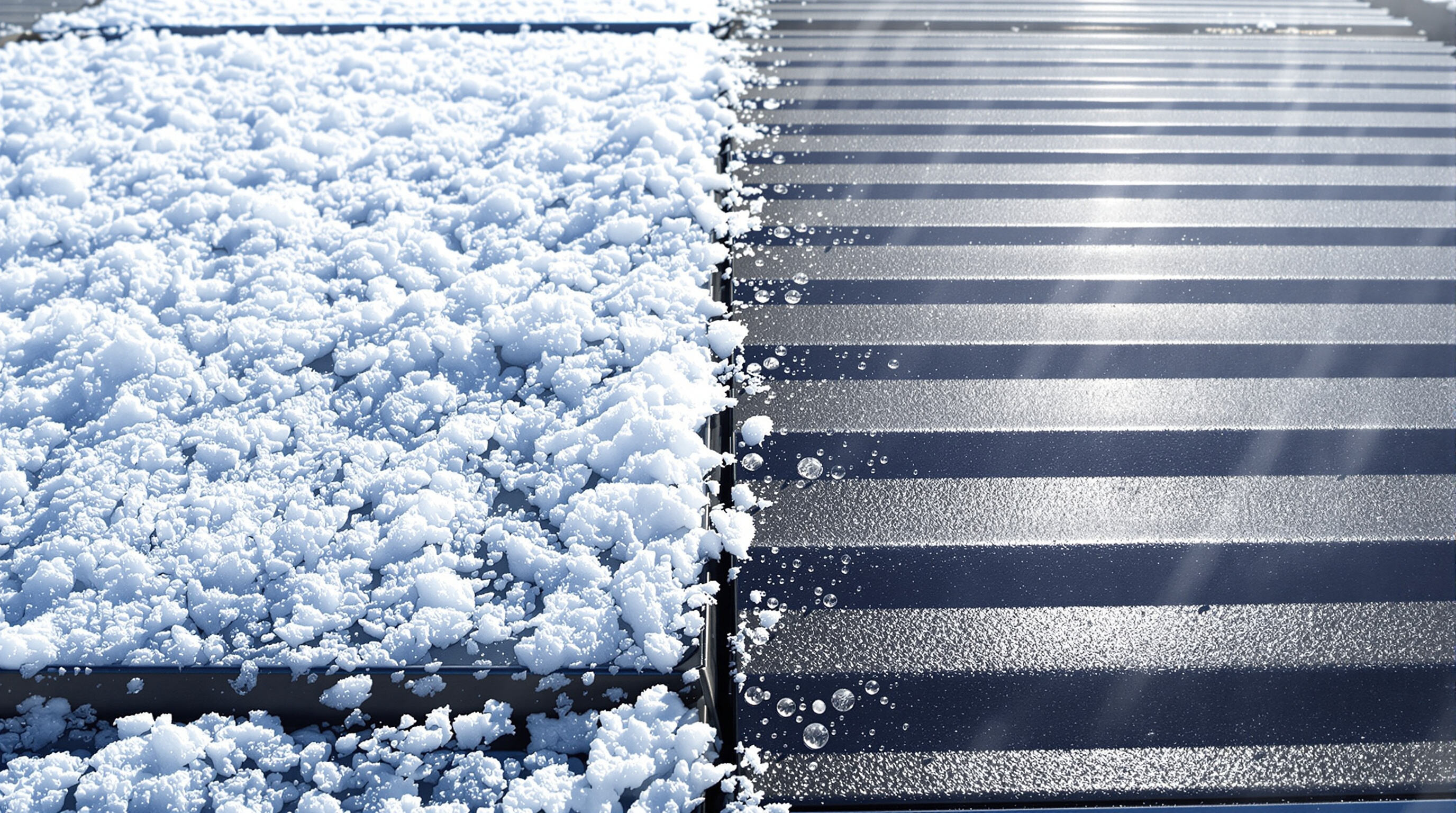 Photorealistic close-up of a hard folding tonneau cover exposed to both snow and intense sunlight, highlighting water resistance and material durability.