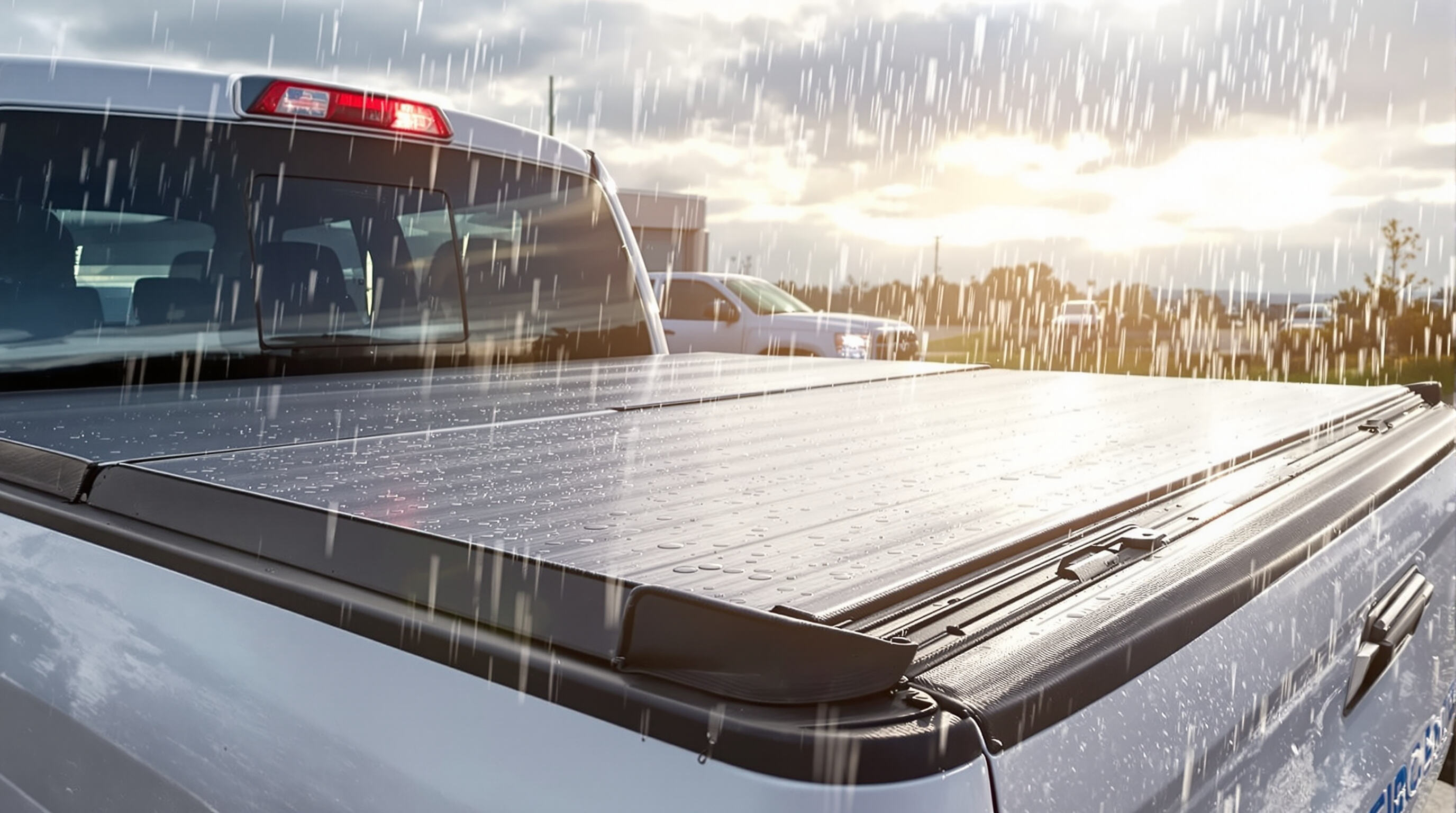 Pickup truck with hard trifold cover showing strong resistance to rain, snow, and sunlight
