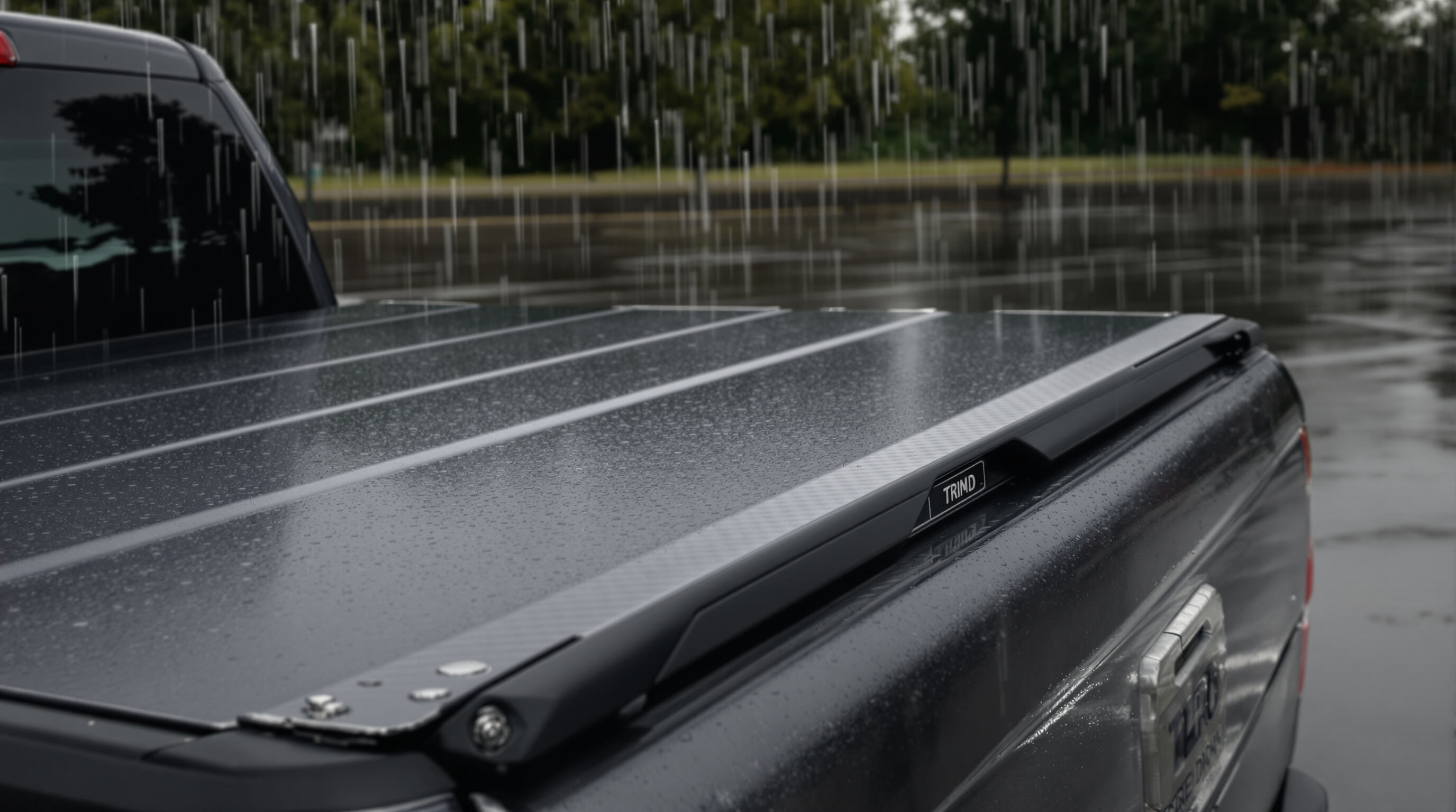 Pickup truck with tri-fold cover in rain highlighting weather-sealed panels