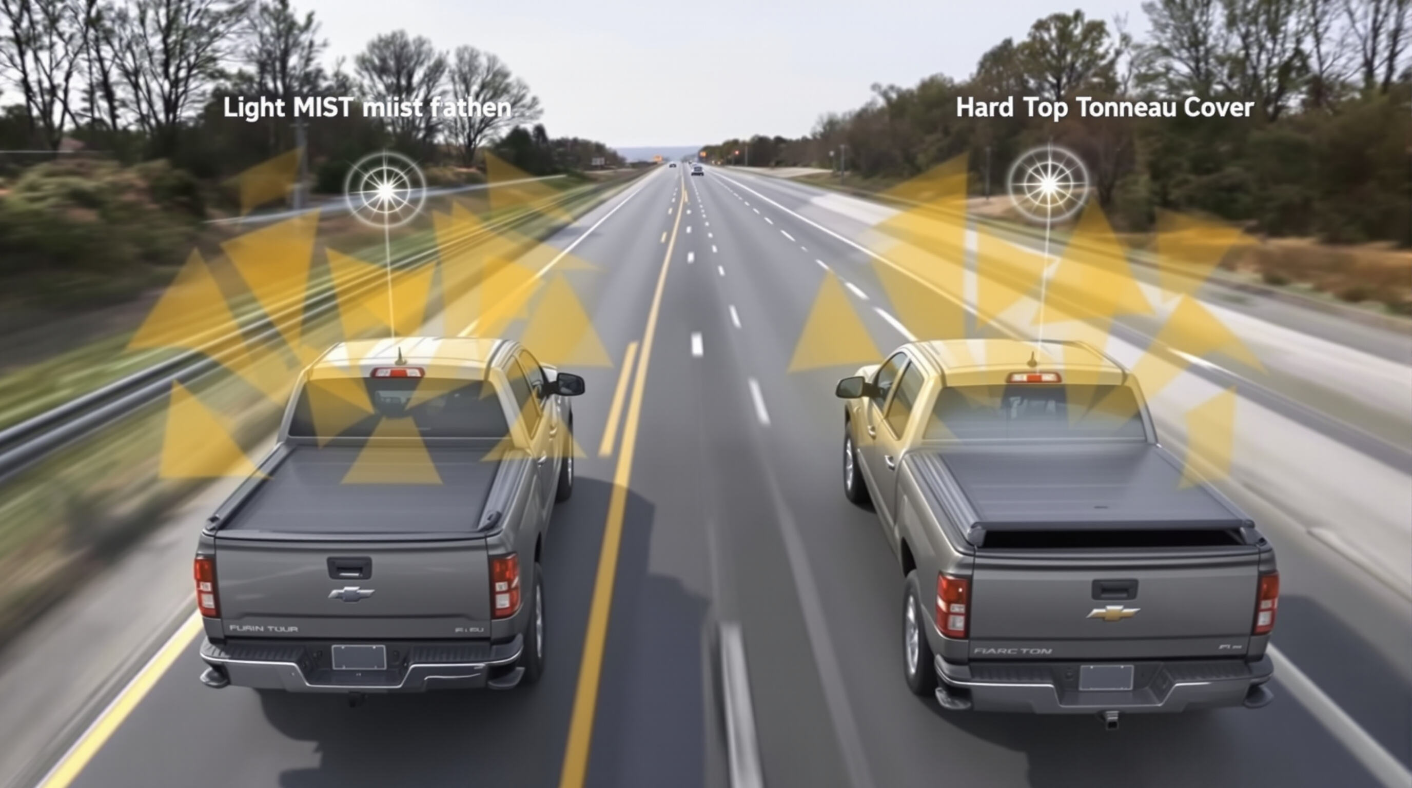 Pickup trucks on a highway showing airflow differences with and without tonneau covers